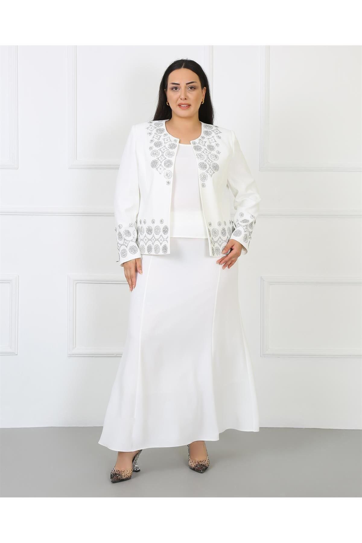 MİSS DİAMOND Uzun Kol Işlemeli Ceket Etek Bluz Beyaz Üçlü Takım