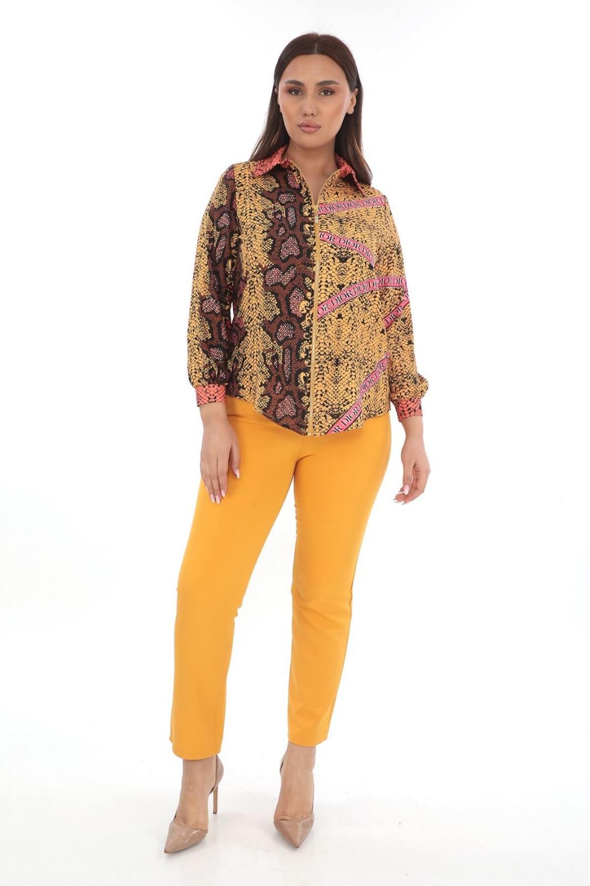 MİSS DİAMOND Fermuarlı Jessica Kumaş Bluz Double Kumaş Pantolon Hardal Ikili Takım