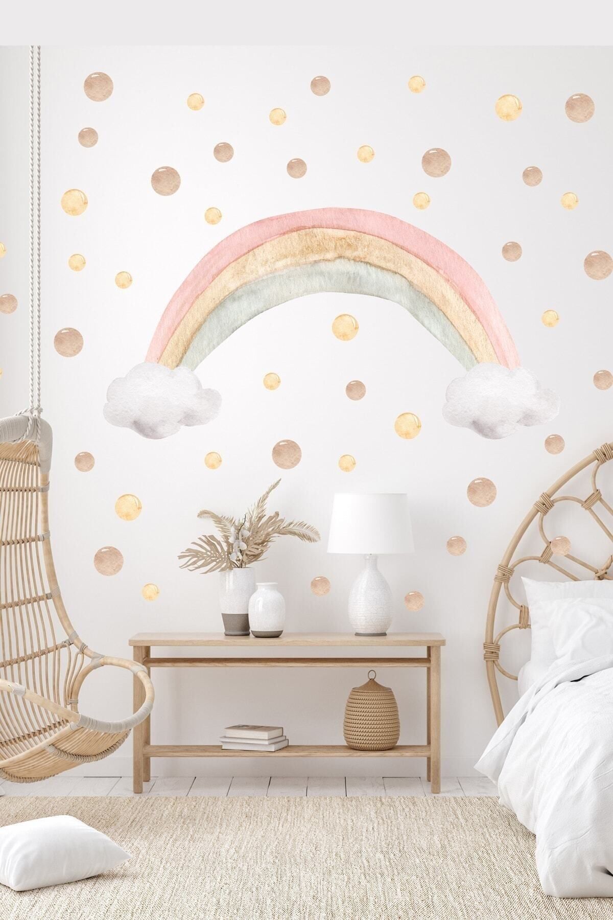 KanvasSepeti Soft Renk Gökkuşağı Ve Kahverengi Tonlarda Puantiyeler Çocuk Odası Duvar Sticker Seti