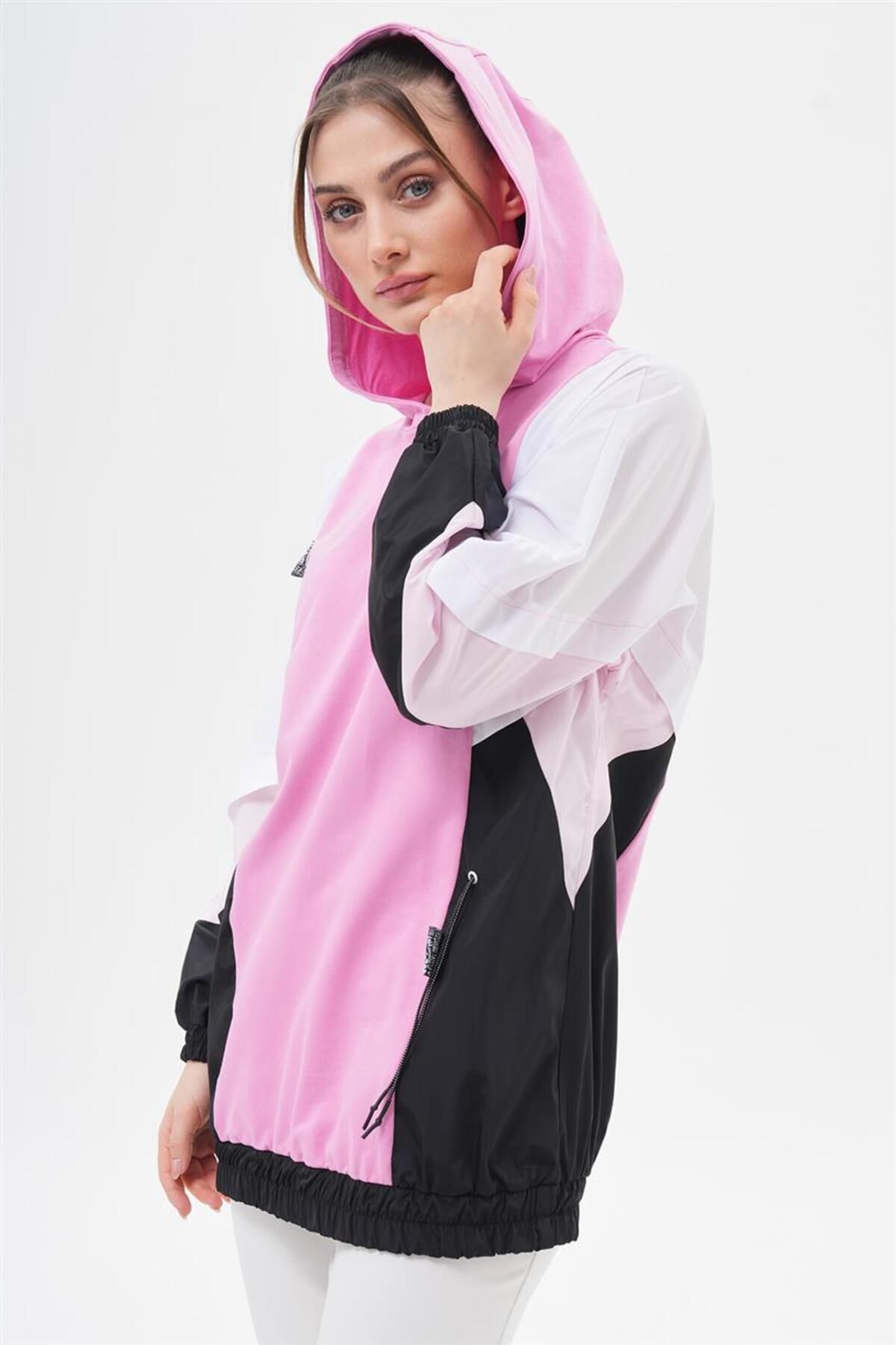 Kayra Kapüşonlu Lastikli Garnili Pembe Sweatshirt