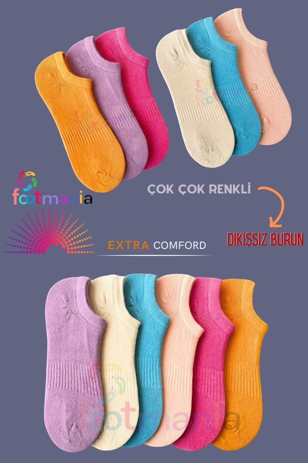 footmania 6 '' Çift  Kadın Çok Renkli Sneakers Çorap Seti (YÜKSEK PAMUK)