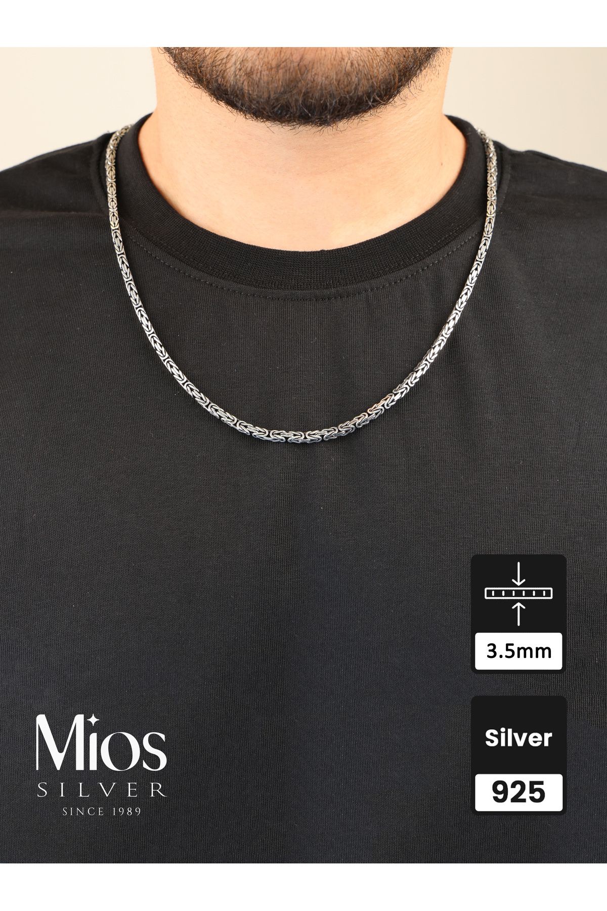 Mios Silver 3.5mm Kare Kral 925 Ayar Gümüş Zincir Kolye