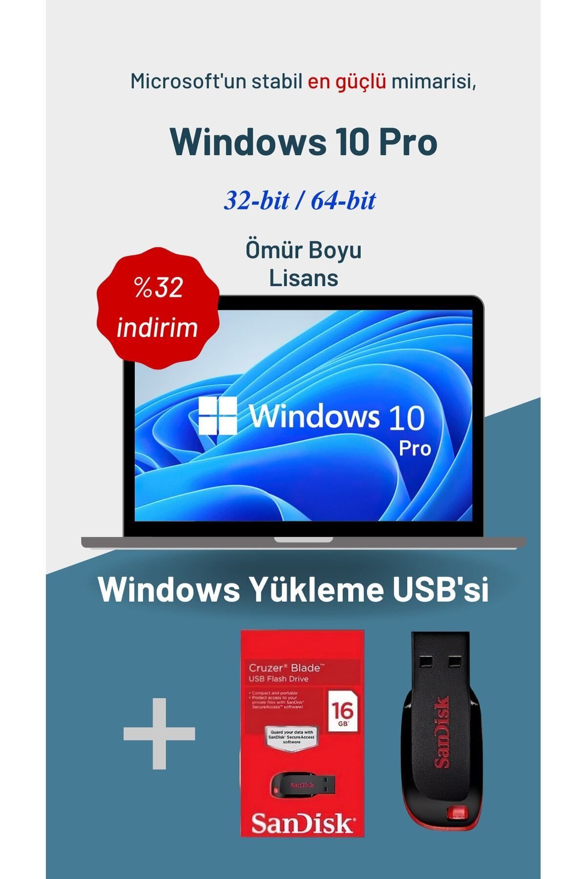 Sanal Art Windows 10 Pro Lisans + Sandisk 16 Gb Free Dos Için - Windows 10 Kurulum Usb'si - Ömür Boyu Kullanım