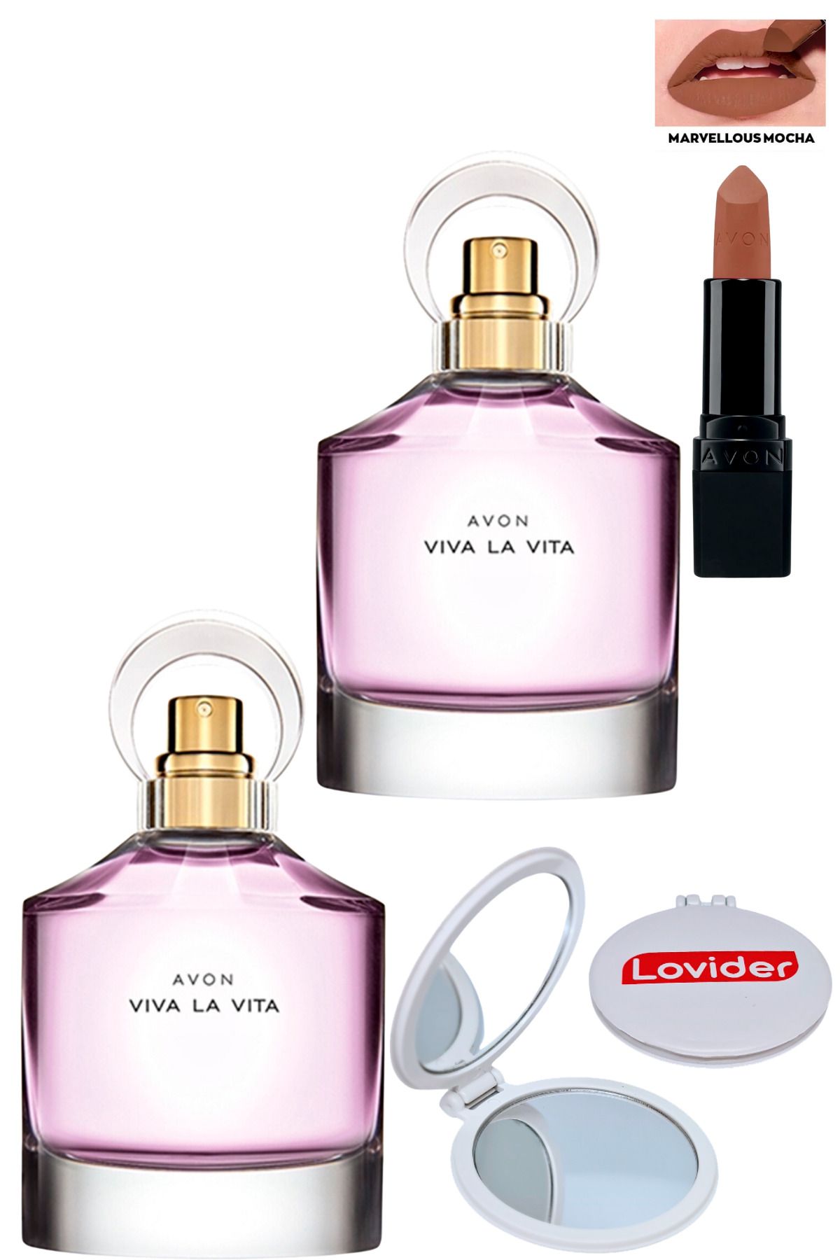 Avon Viva La Vita Kadın Parfüm EDP 50ml x 2 Adet + Marvellous Mocha Mat Ruj + Lovider Cep Aynası