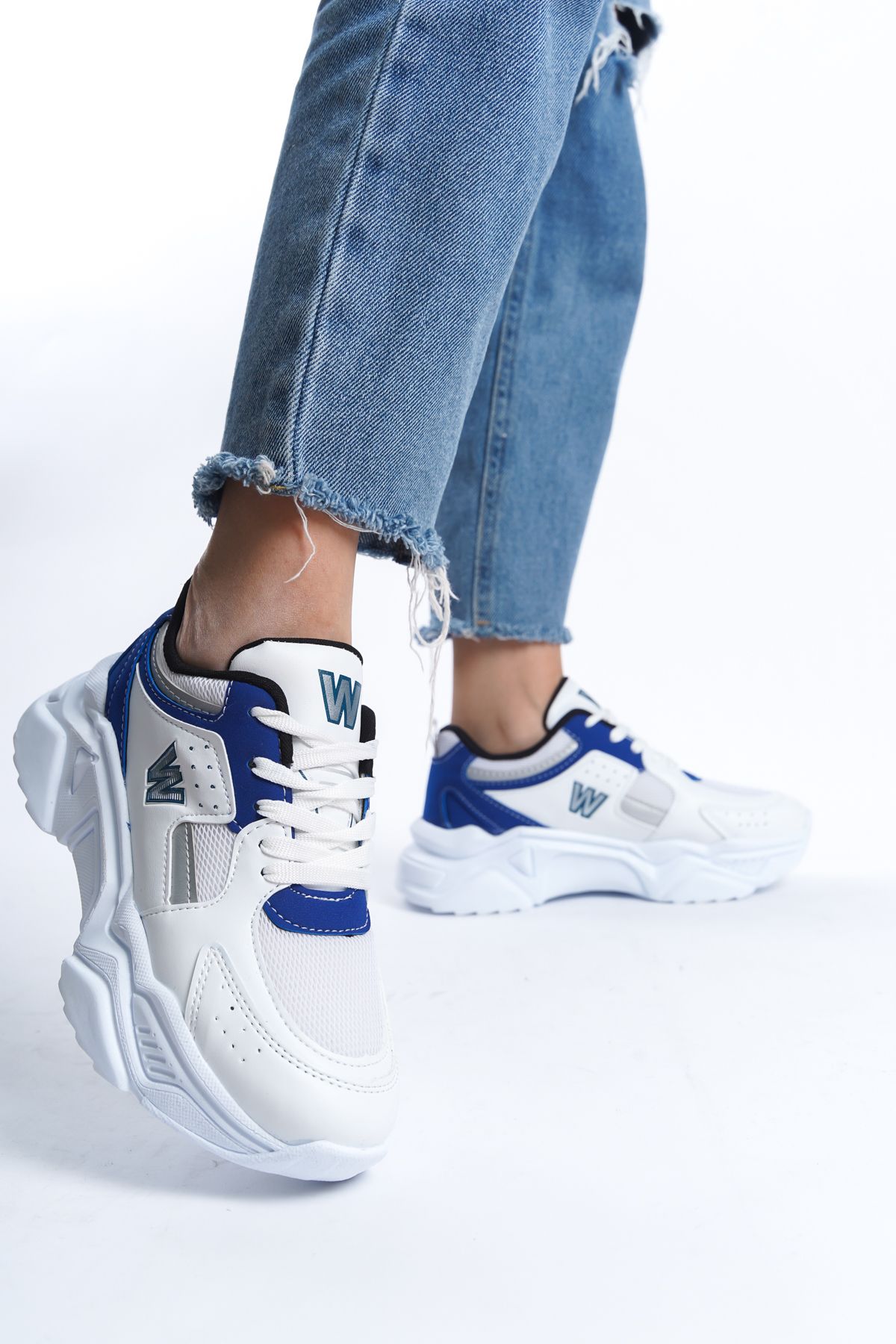 ayakkabıhavuzu Kadın Beyaz Mavi Bağcıklı Günlük Rahat Tarz Taban Sneaker
