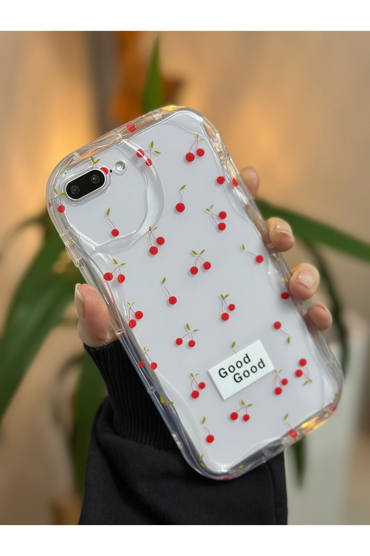 Go Aksesuar Iphone 7 Plus Ve 8 Plus Uyumlu Dalgalı Kenar Şeffaf Cherry Baskı Desenli Silikon Kılıf