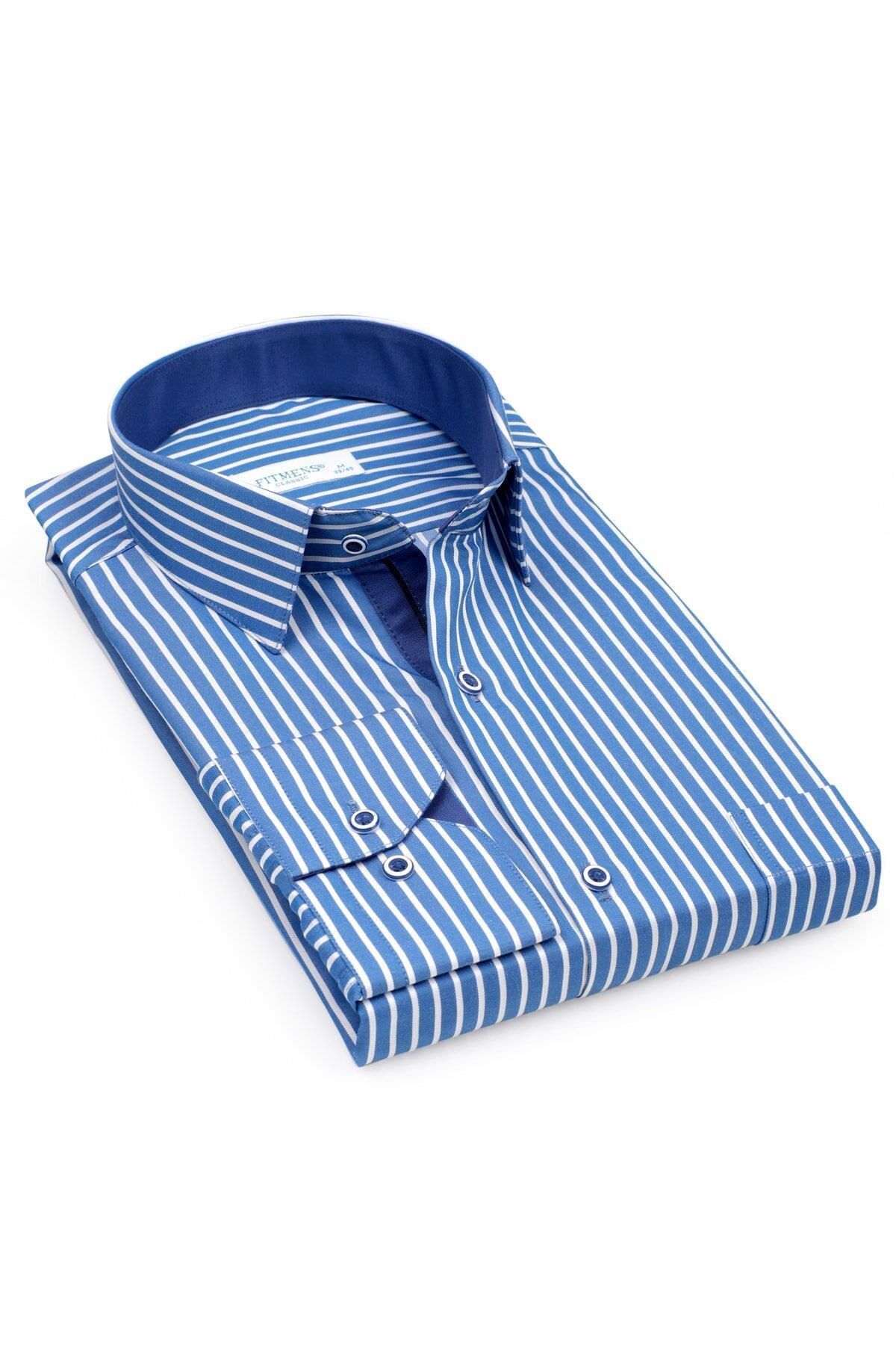 Fitmens Klasik Uzun Kol Premium Kalın Çizgili Hediye Kutulu Erkek Gömlek - Saks Mavi Beyaz