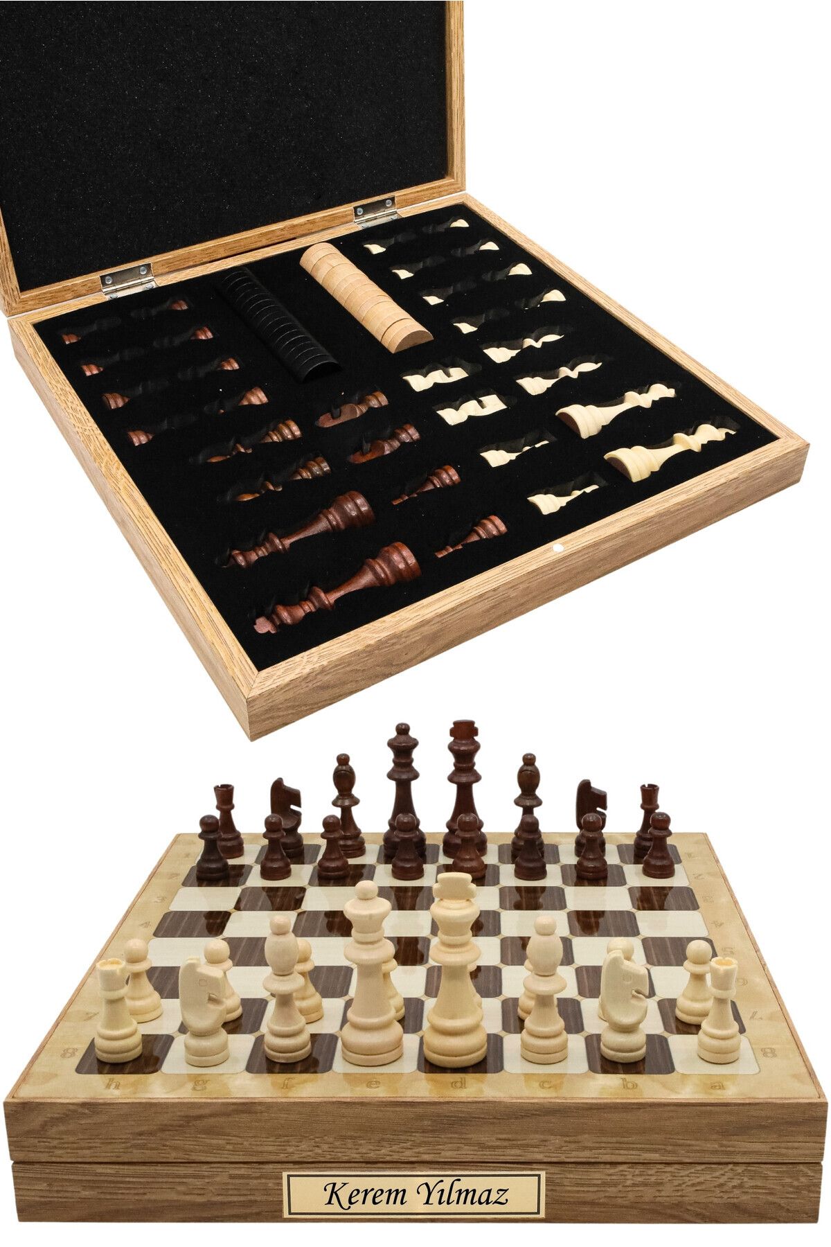 Cooper Chess Kutulu Ahşap Satranç ve Dama Takımı | Kişiye Özel Metal Etiketli | 36cm Ahşap Meşe Desenli Satranç