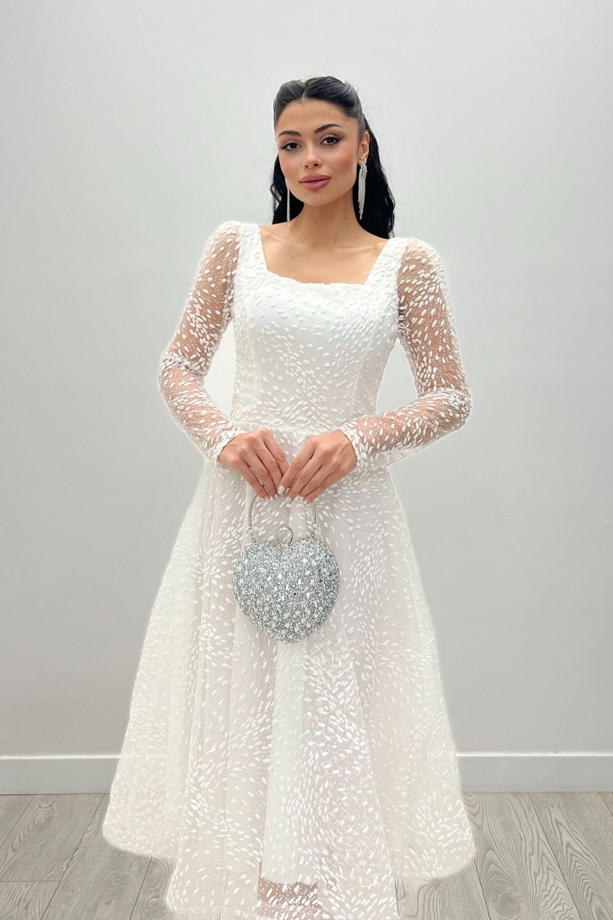 giyimmasalı Tül Simli Kumaş Kare Yaka Midi Abiye Elbise - Beyaz
