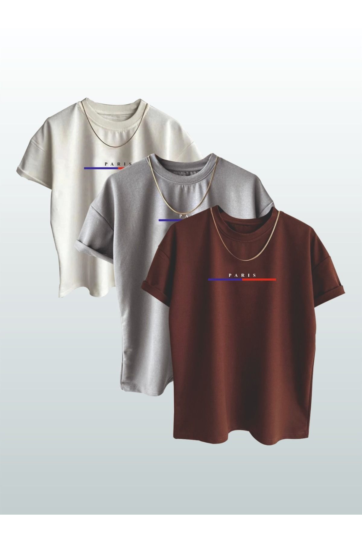 AFROGİYİM Unisex Paris Yazılı Baskılı 3^' Lü  Oversize T-shirt