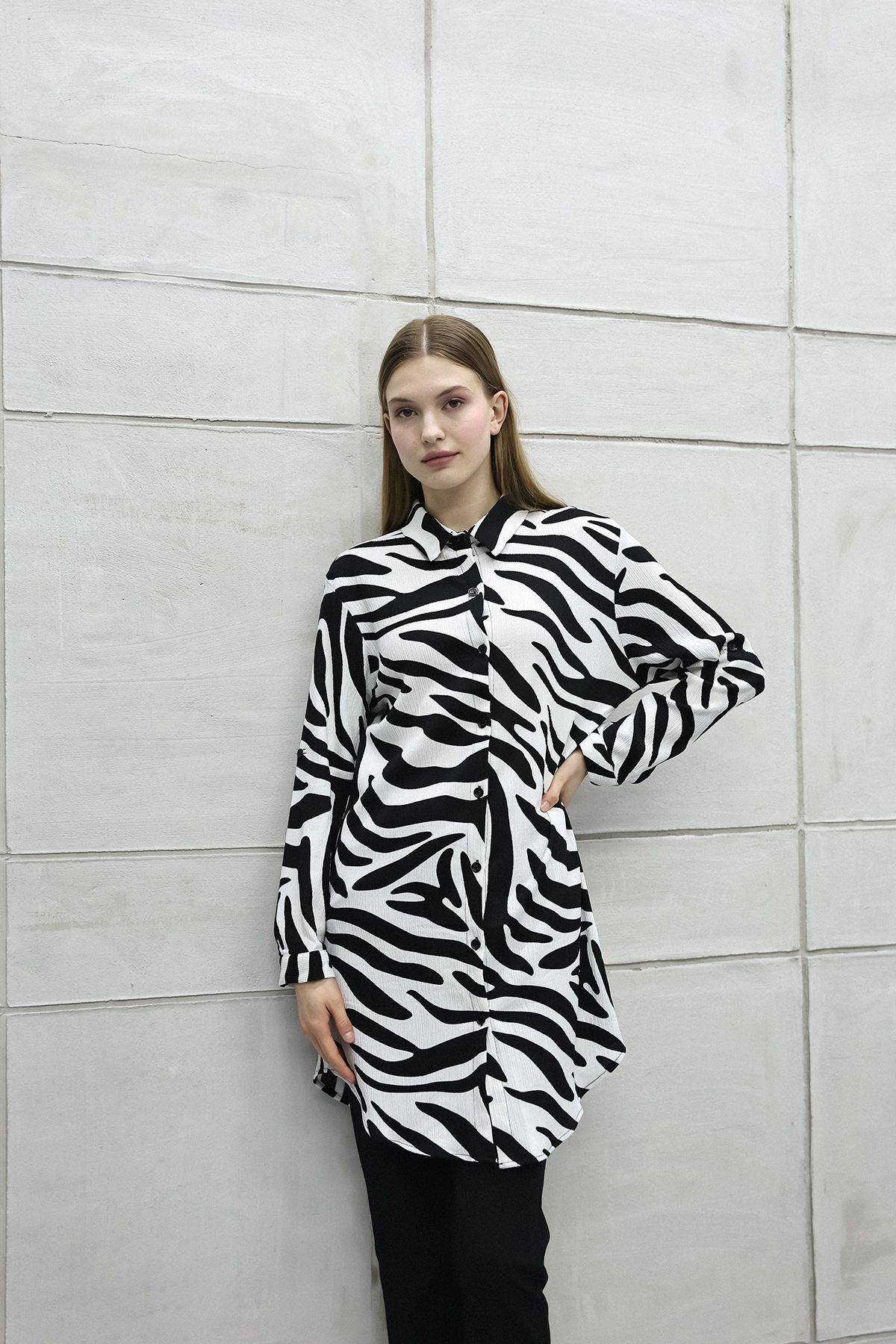 İKLİM LİFE Zebra Desenli Uzun Kollu Gömlek Tunik
