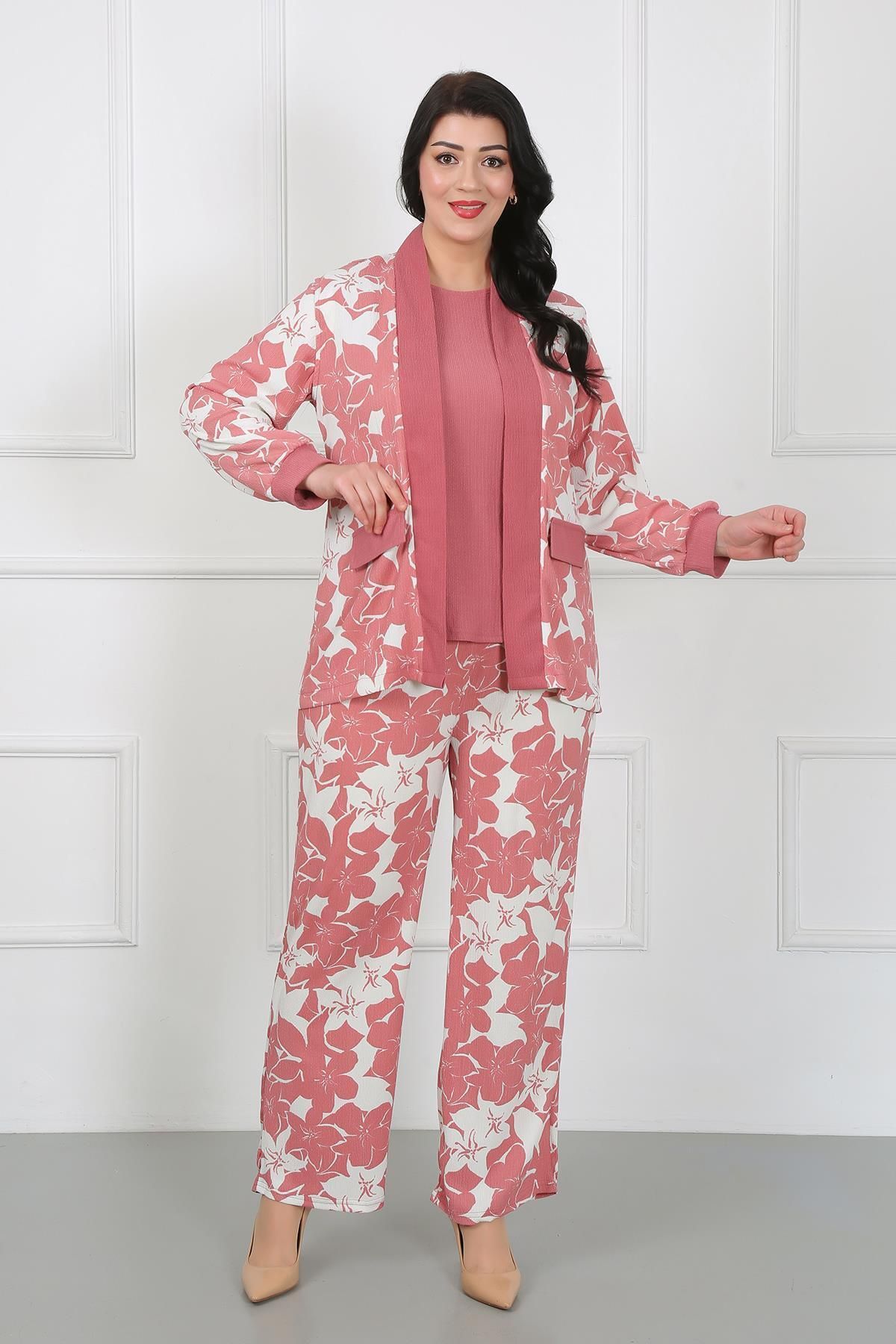 By Alba Collection Kadın Pembe Likralı 3lü Takım Örme Bürümcük Gömlek Bluz Pantolon