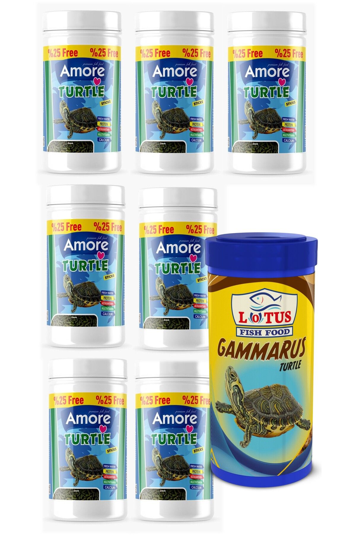 AMORE Turtle Green Sticks 7x125ml, Lotus Gammarus 250ml Sürüngen ve Kaplumbağa Yemi