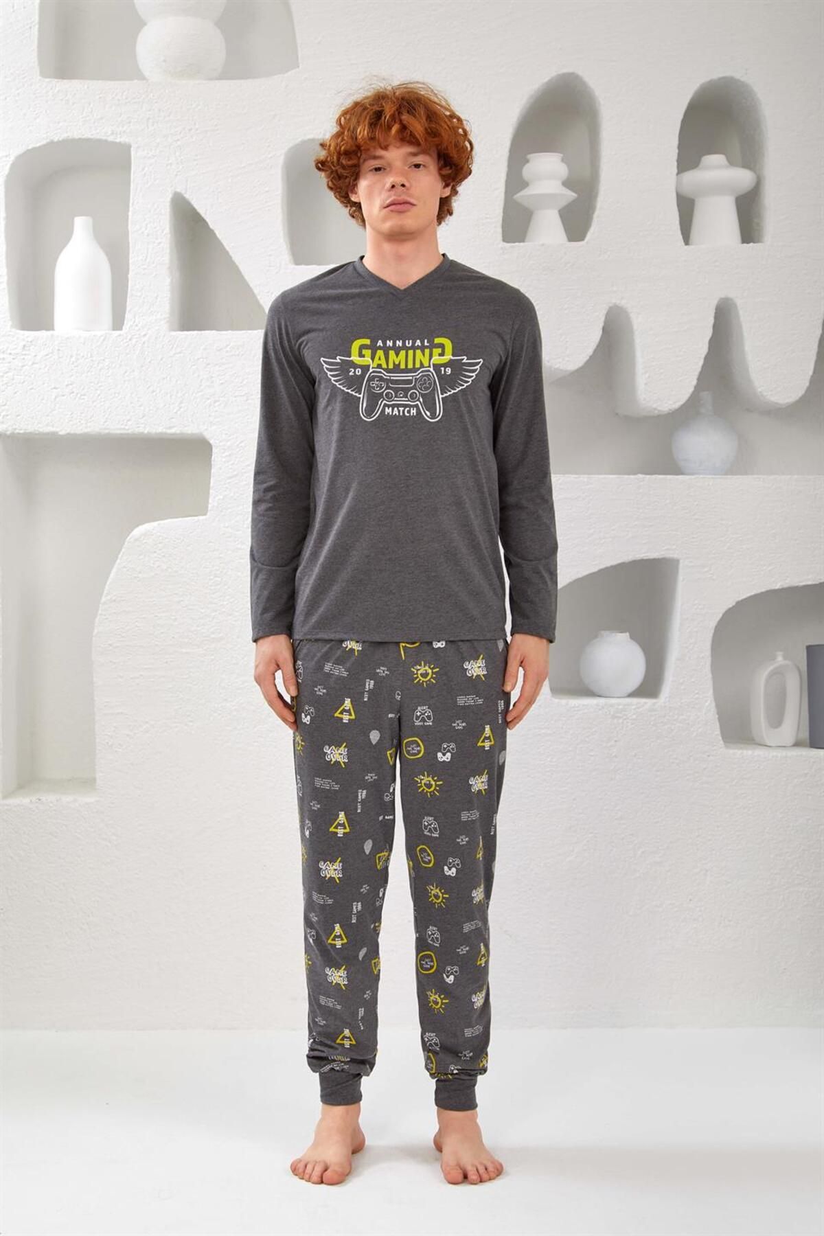 Relax Mode Erkek V Yaka Penye Pijama Takım - 10758