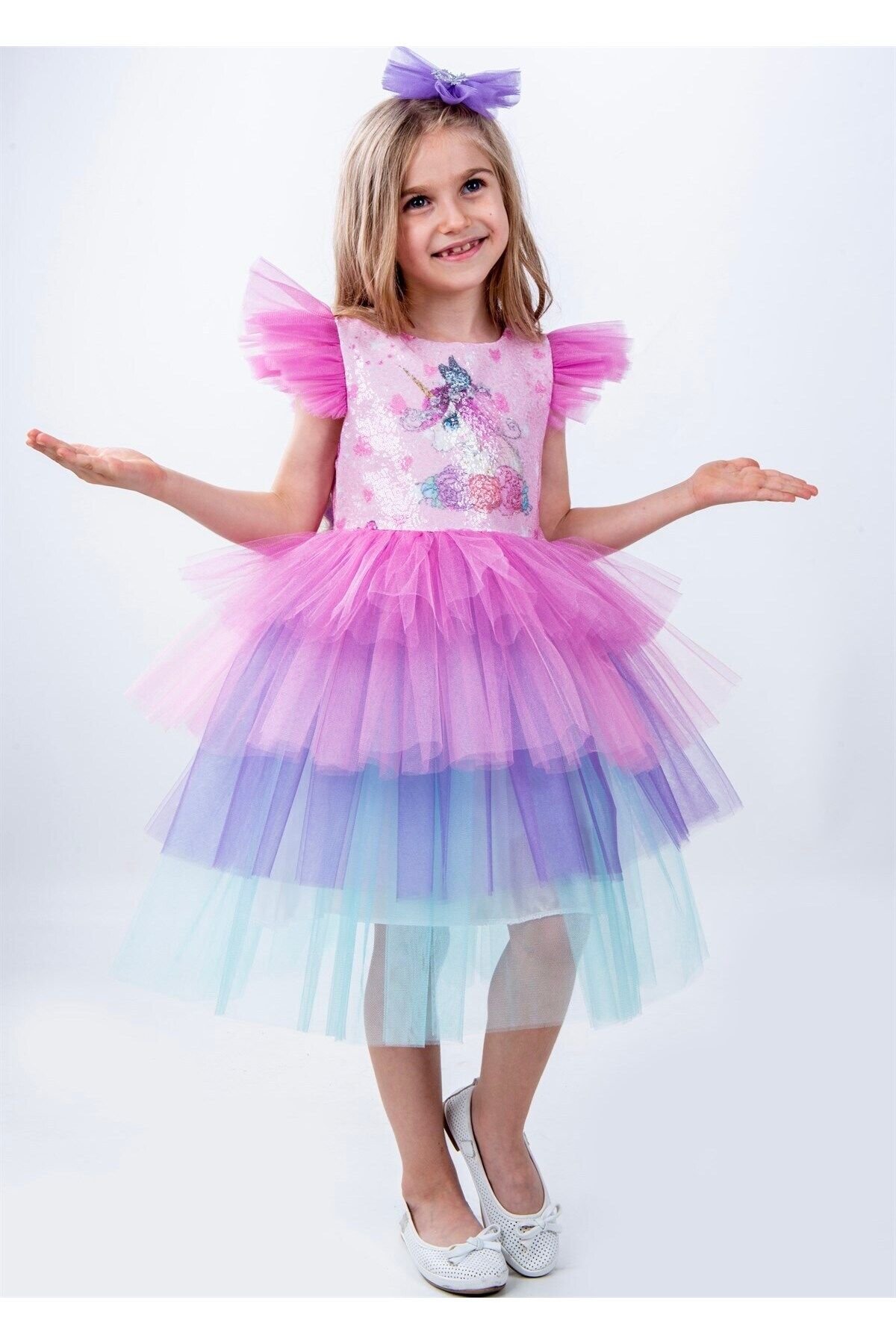 Buse&Eylül Bebe Pul Baskılı Unicorn Desenli Kız Çocuk Parti Elbisesi