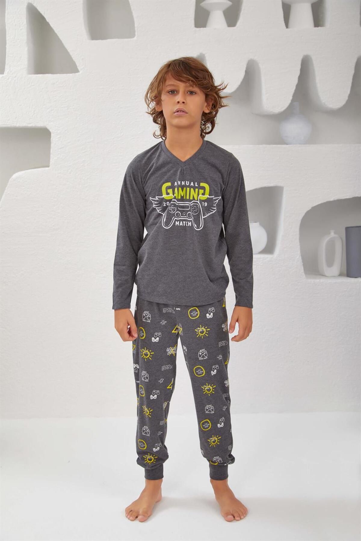 Relax Mode Erkek Çocuk V Yaka Penye Pijama Takım - 10759