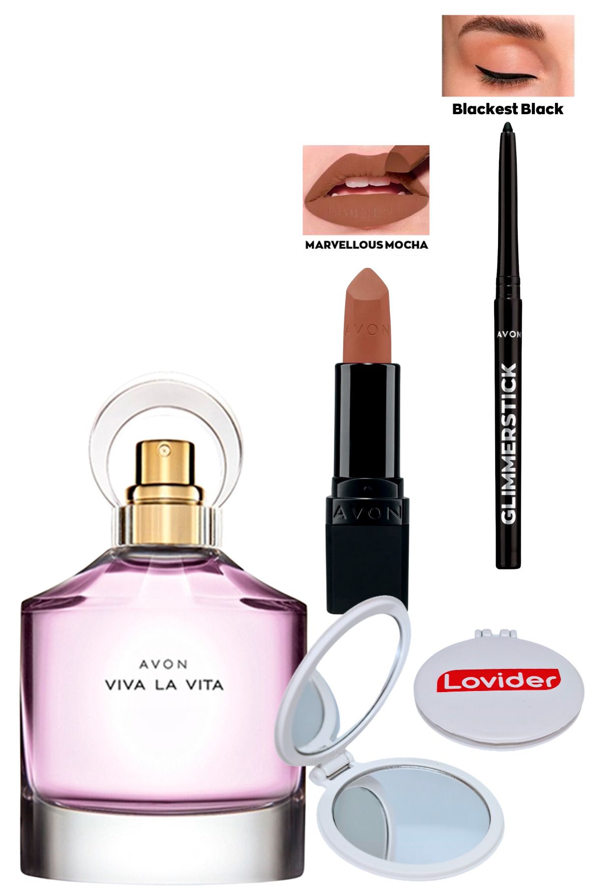 Avon Viva La Vita Kadın Parfüm EDP 50ml + Marvellous Mocha Ruj + Siyah Göz Kalemi + Lovider Cep Aynası