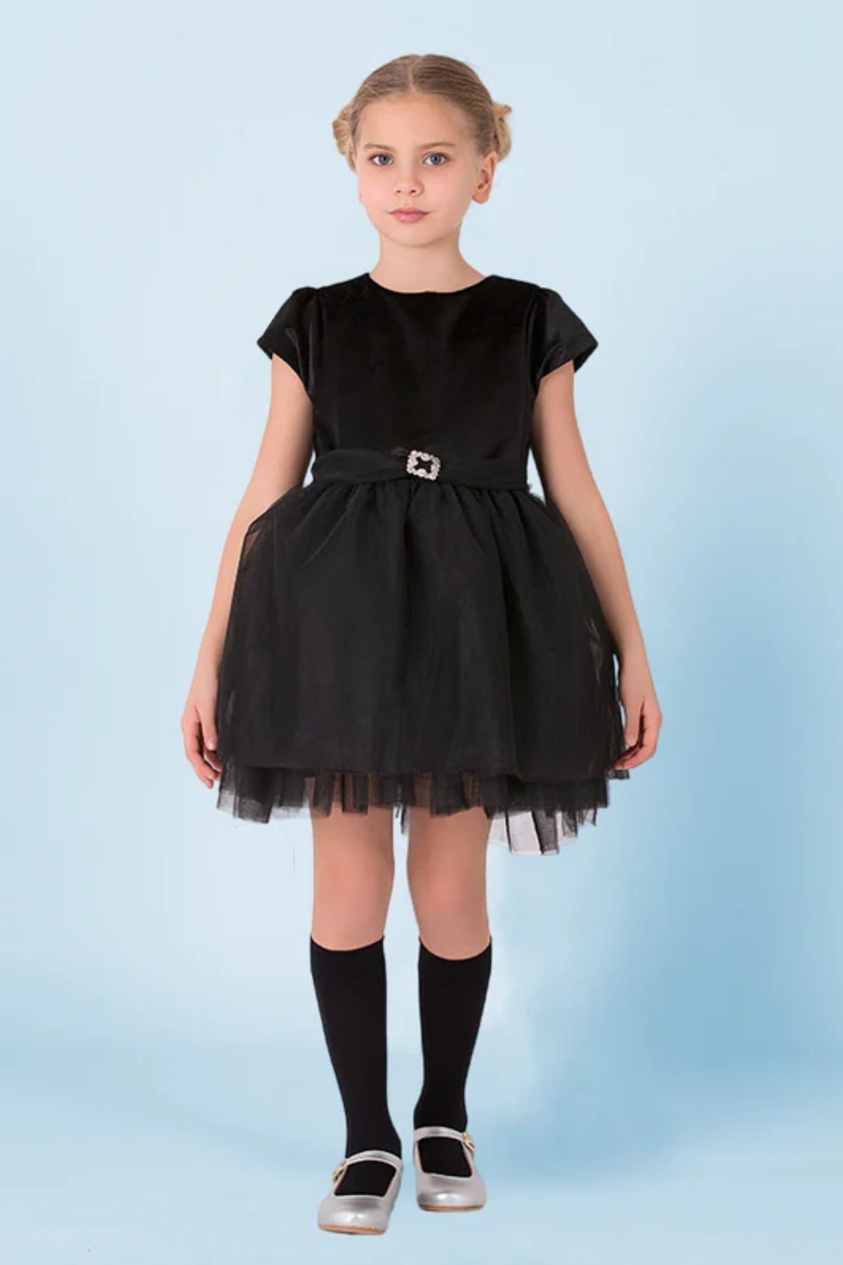 Goose Kız Çocuk Tül Detaylı Kadife Siyah Elbise