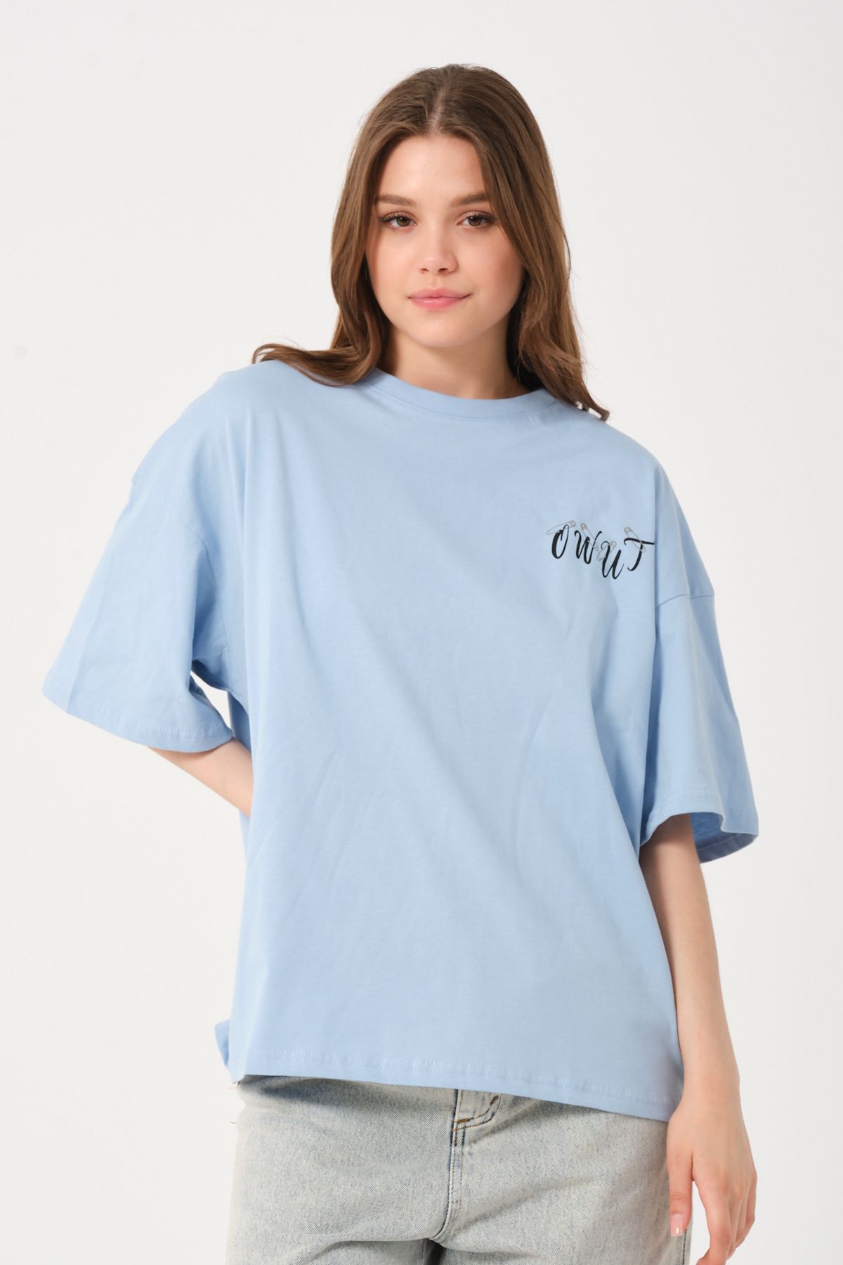 Owut Collection Unisex Açık Mavi Bisiklet Yaka Baskılı Oversize T-shirt