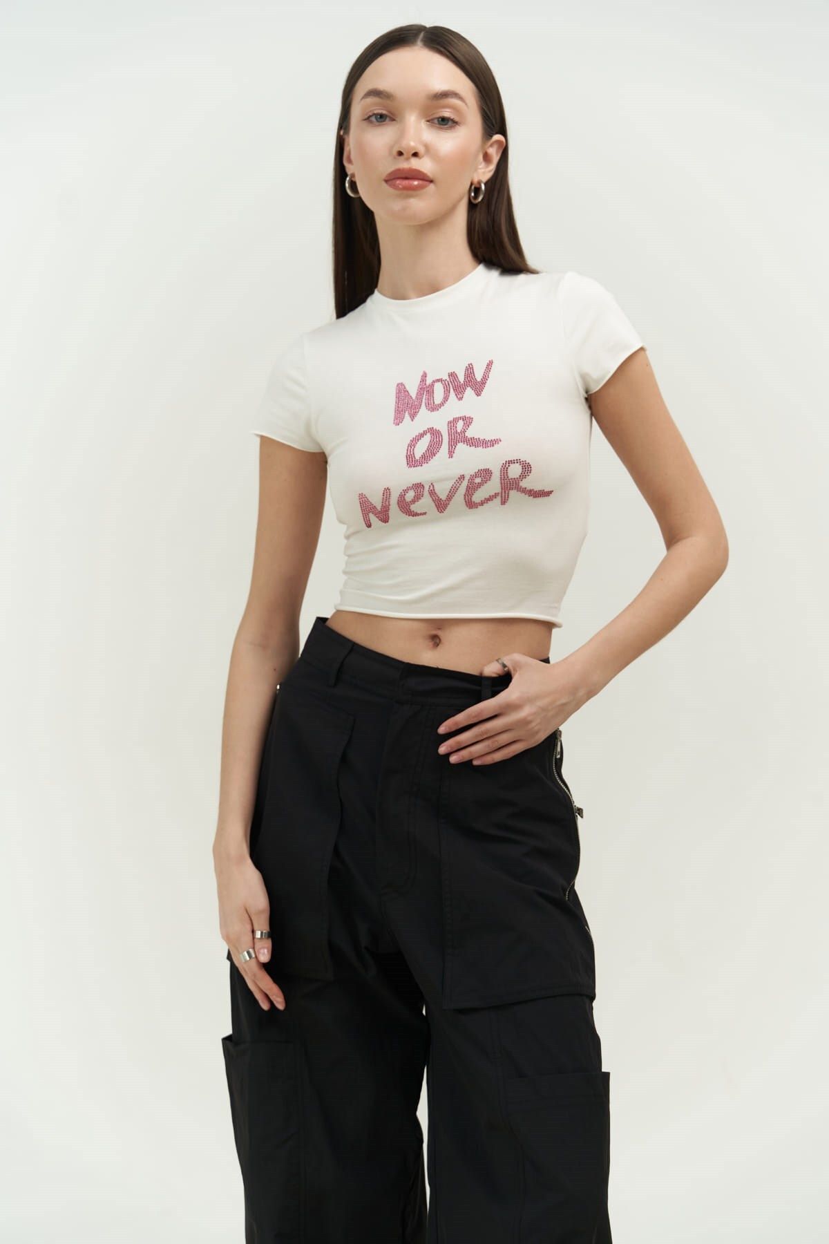 MAİ COLLECTİON Now Or Never Beyaz Penye Crop