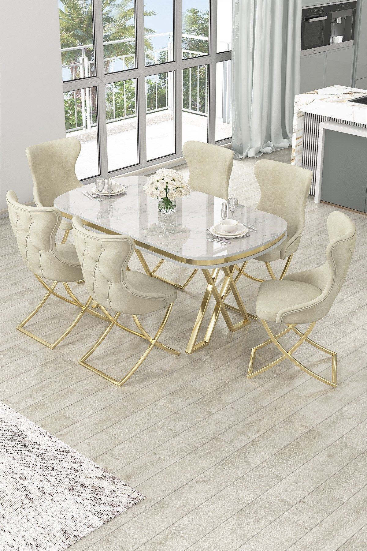 Canisa İra Serisi 90x160 Lak Panel Beyaz Mermer Desen Gold Ayak Masa Takımı 6 Krem Sandalye