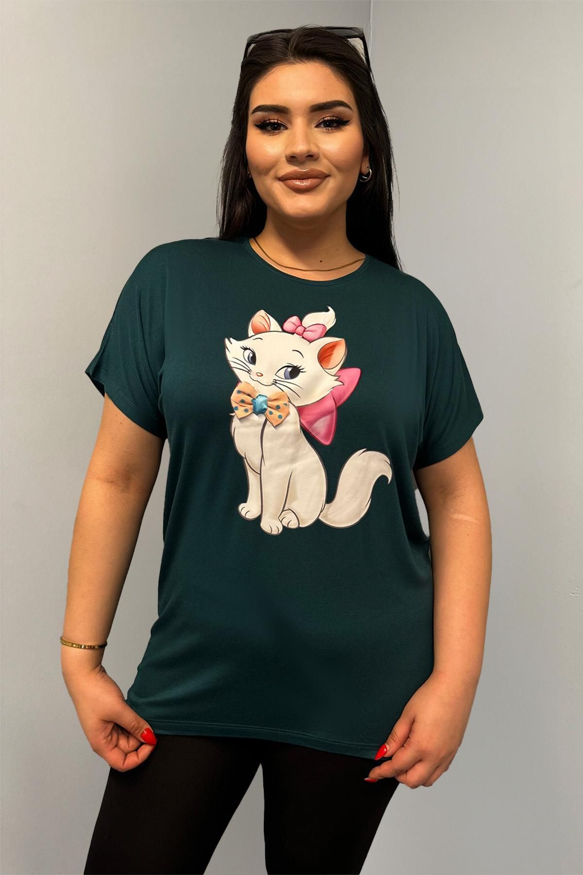 Siyezen Büyük Beden Sevimli Kedi Baskılı Oversize Tshirt
