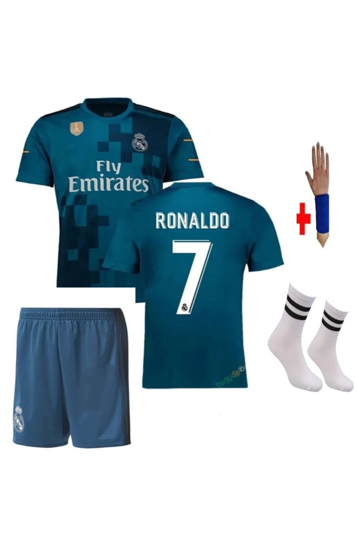 MEDITERIAN Set Real Madrid  Ronaldo Çocuk futbol forması Takımı 4 lü Set 2017/2018 sezon Turkuaz Kumaş