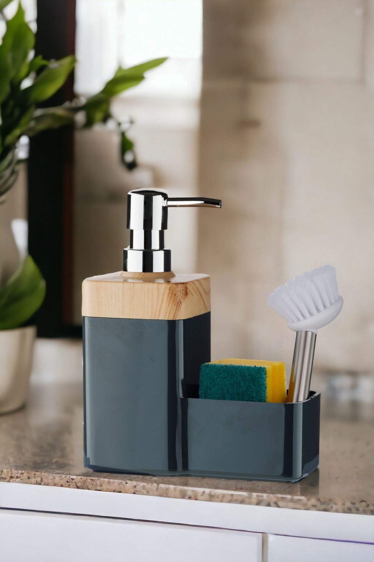 okacih Bambu Kapaklı Hazneli Sıvı Sabunluk Tezgah Üstü Mutfak Banyo Deterjanlık Fırça Sünger Dahil Değildir