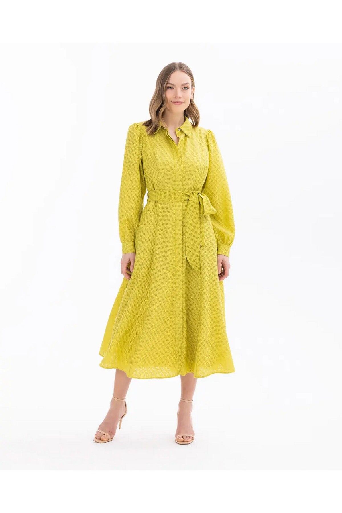SEÇİL Seçil Gömlek Yaka Bağlama Detaylı Uzun Kollu Yeşil Kadın Astarlı Elbise 10242104001028