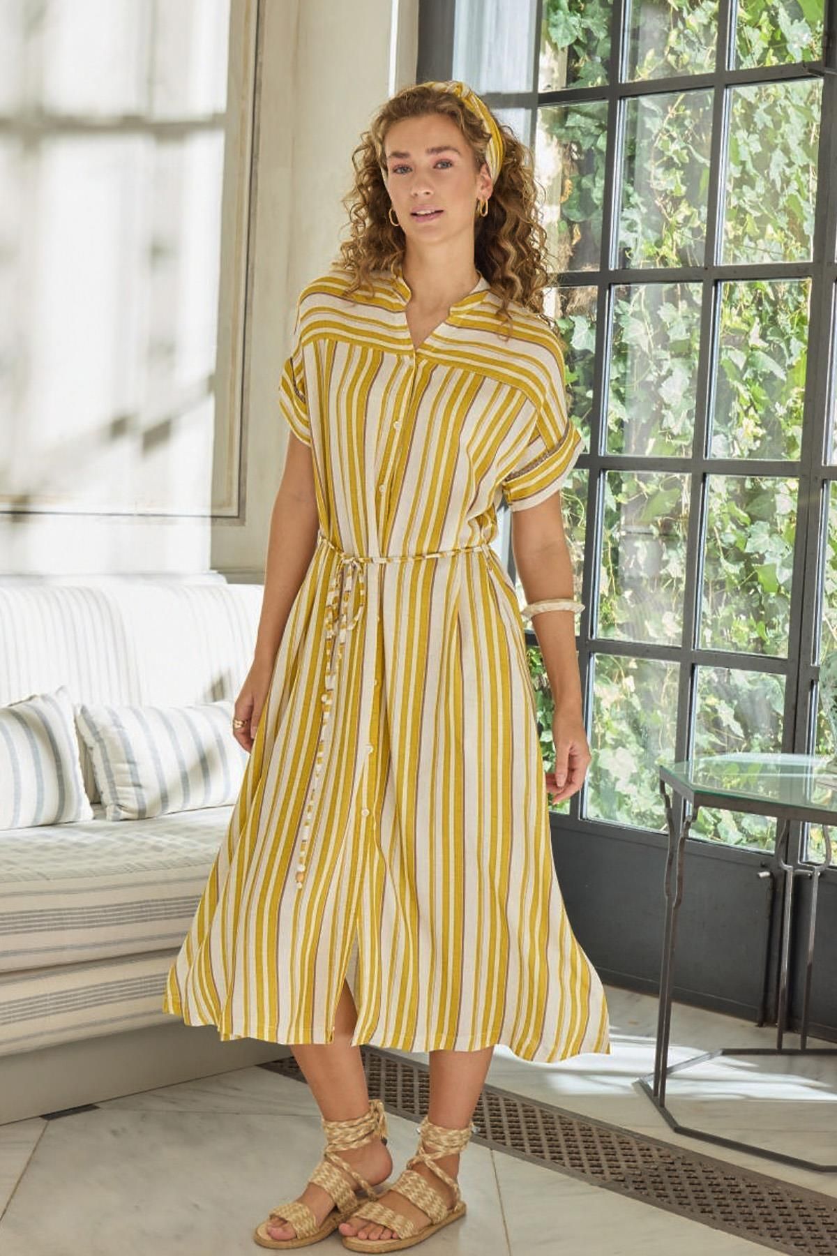 GİZZEY Kadın Kısa Kol Uzun Sarı Elbise C6T4N1O12