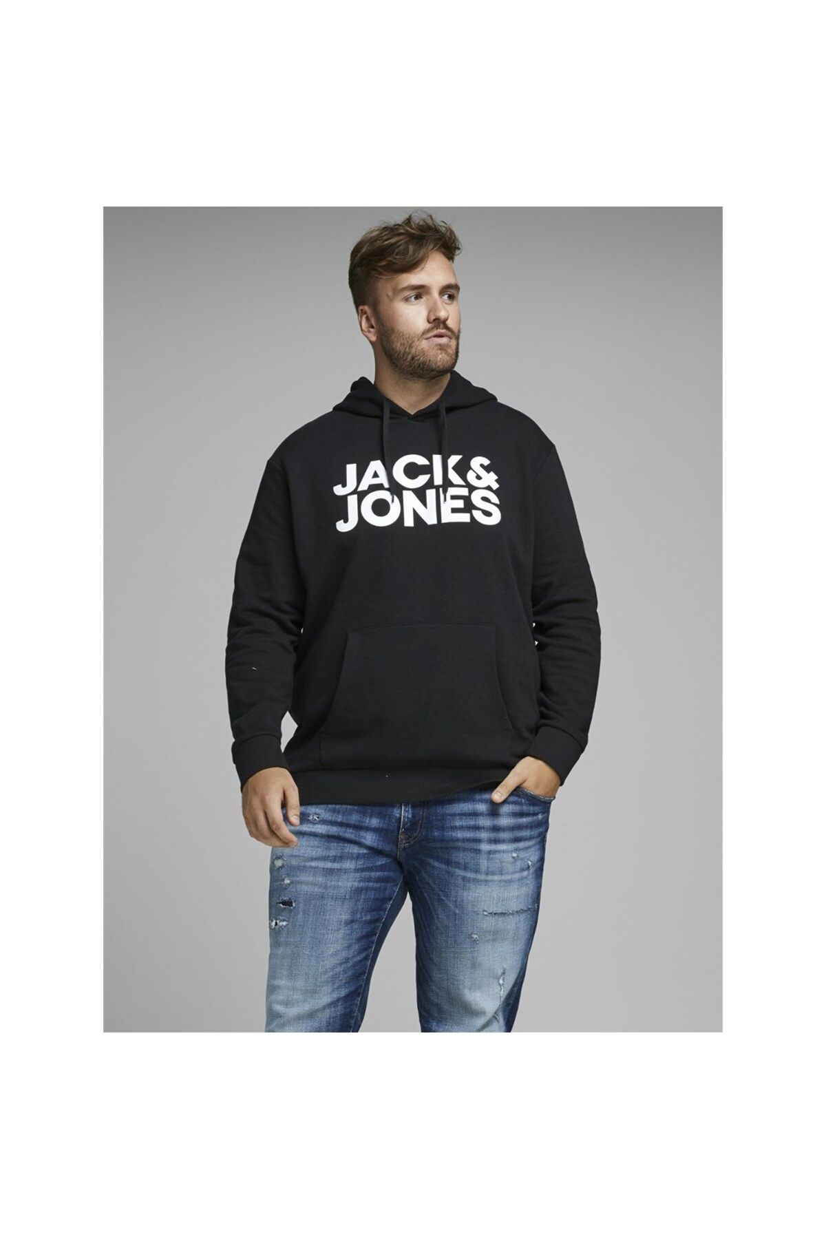 Jack & Jones Jack&jones Plus Kapüşonlu Büyük Beden Siyah-beyaz Erkek Sweatshirt 12163777
