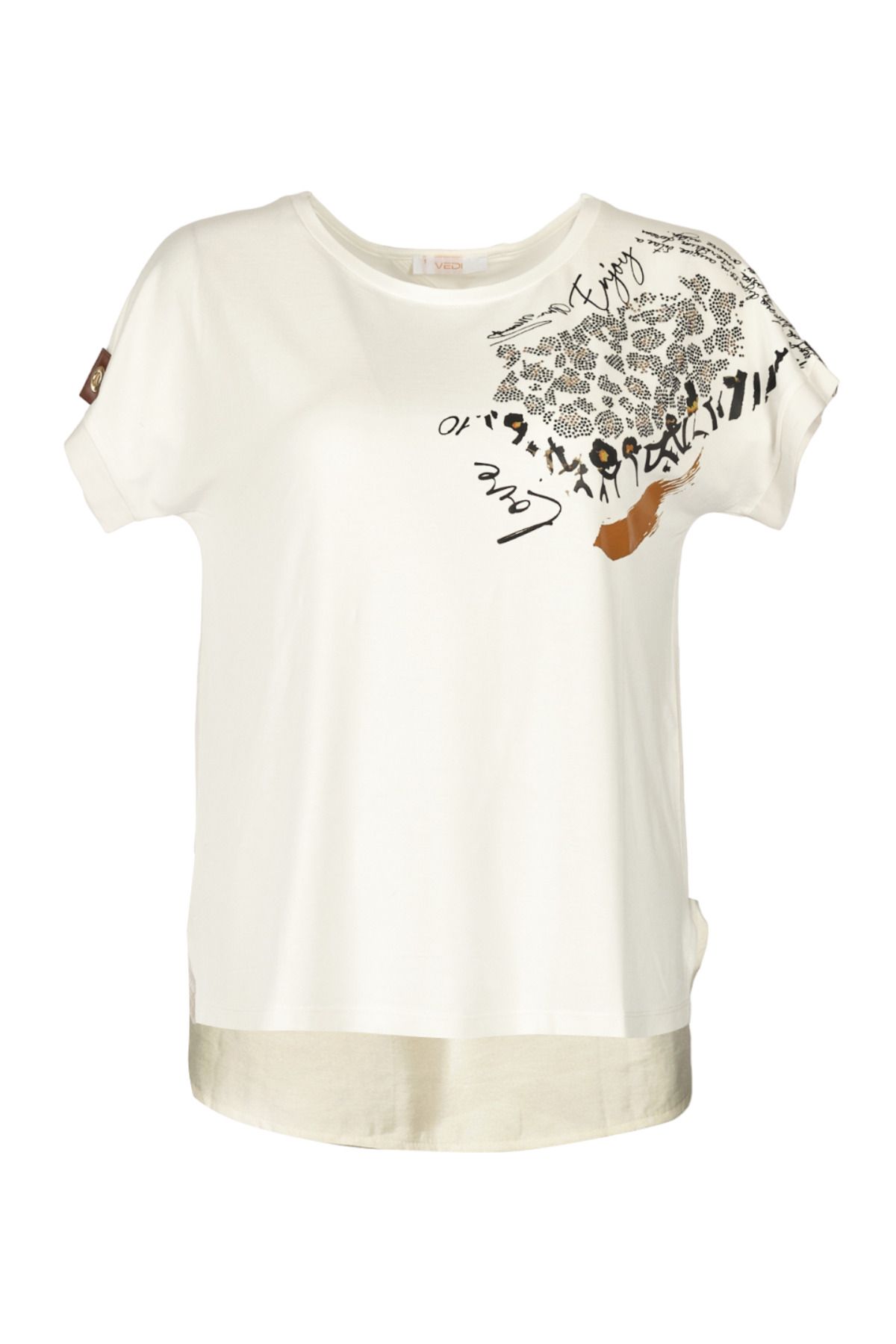 Vedi Yuvarlak Yaka Taşlı Düşük Kol Ekru Kadın T-shirt 2243030