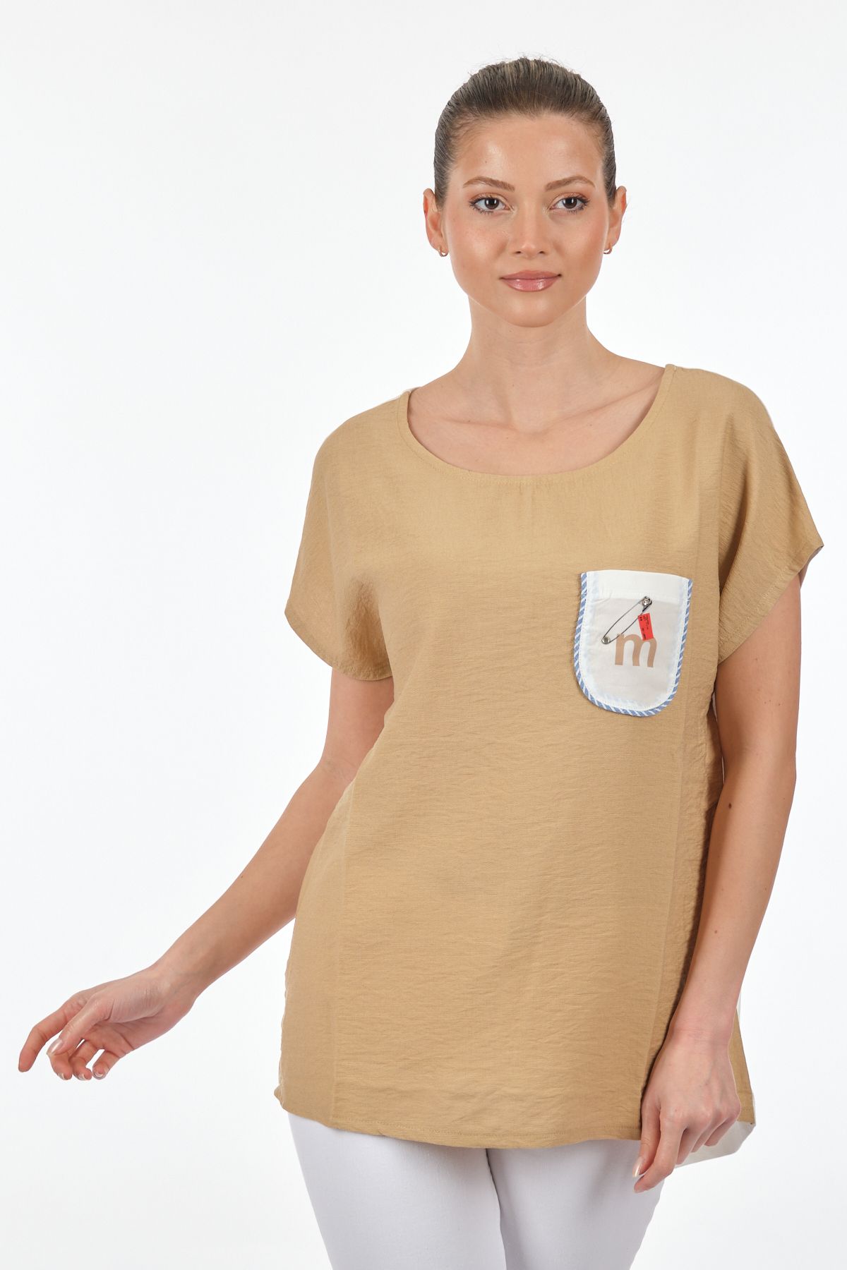 Vedi Yuvarlak Yaka Kısa Kollu Camel Kadın T-shirt 2311023