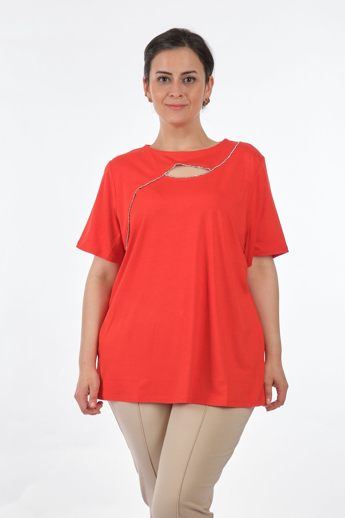 Vedi -bb Sıfır Yaka Büyük Beden Yaka Detaylı Kırmızı Kadın Bluz 2311104