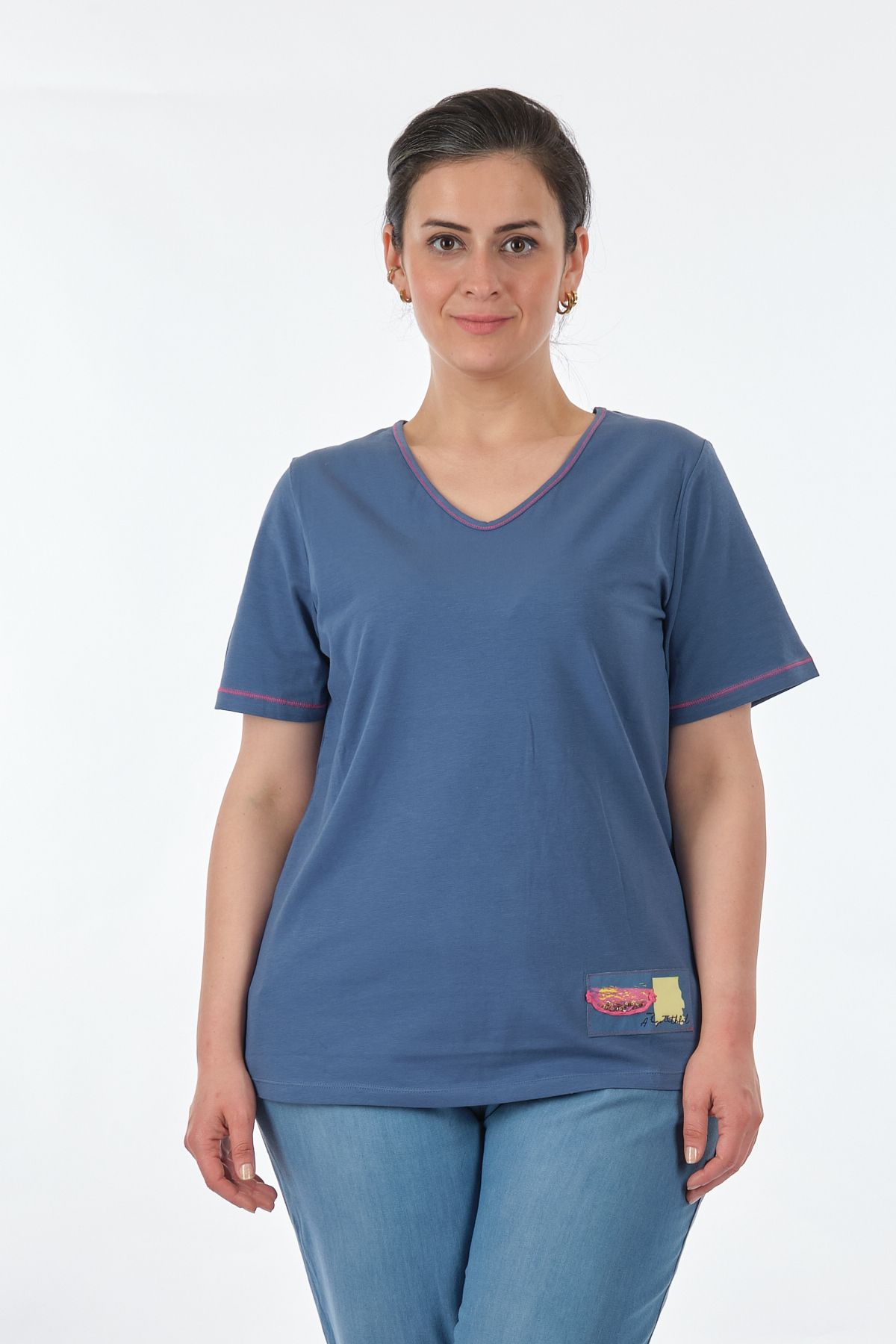 Vedi -bb V Yaka Büyük Beden Sırt Detaylı Indigo Kadın T-shirt 2311011