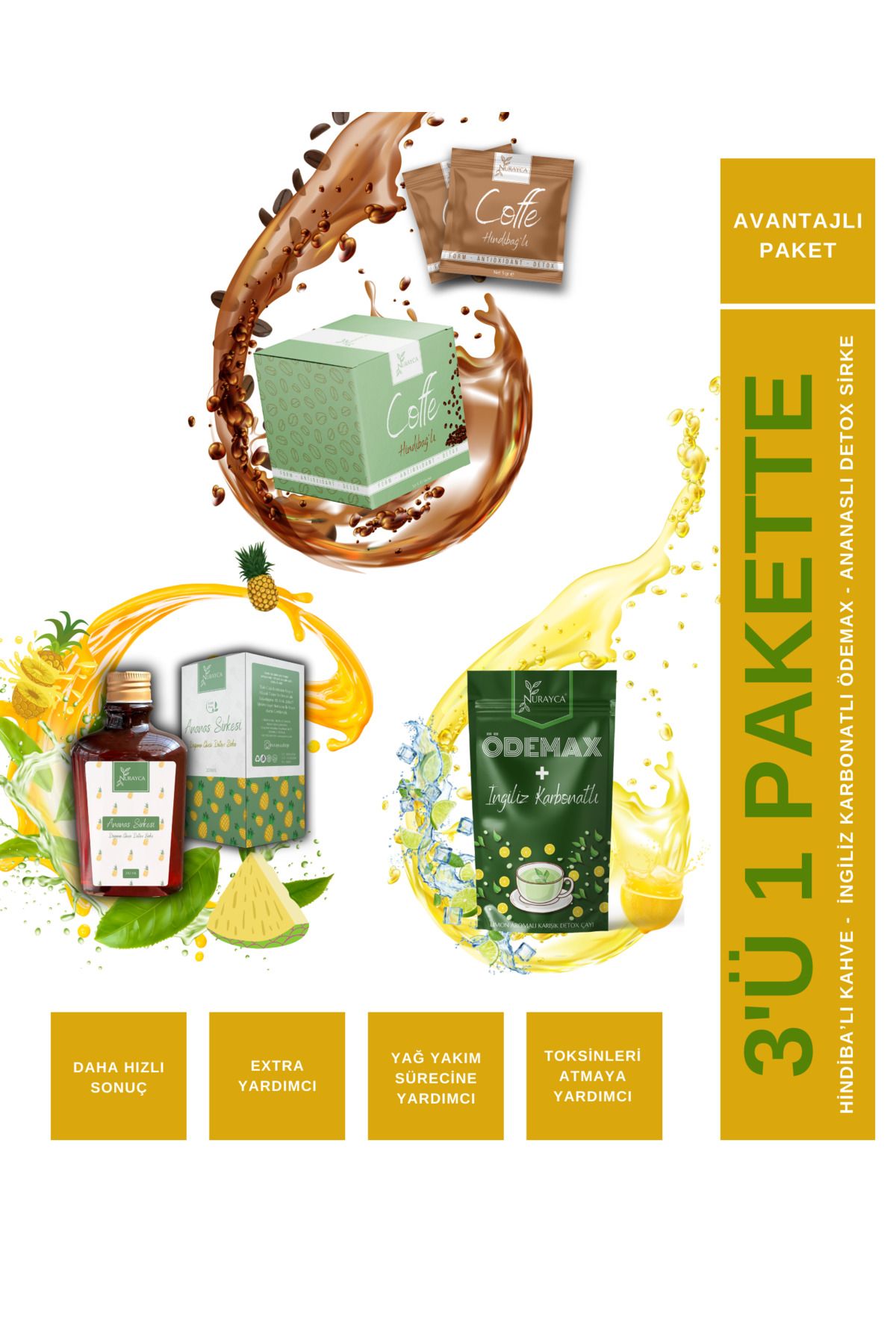 NURAYCA 3'lü Avantaj Paketi / Hindiba'lı Kahve - Ingiliz Karbonat'lı Ödemax - Ananas'lı Detox Sirkesi