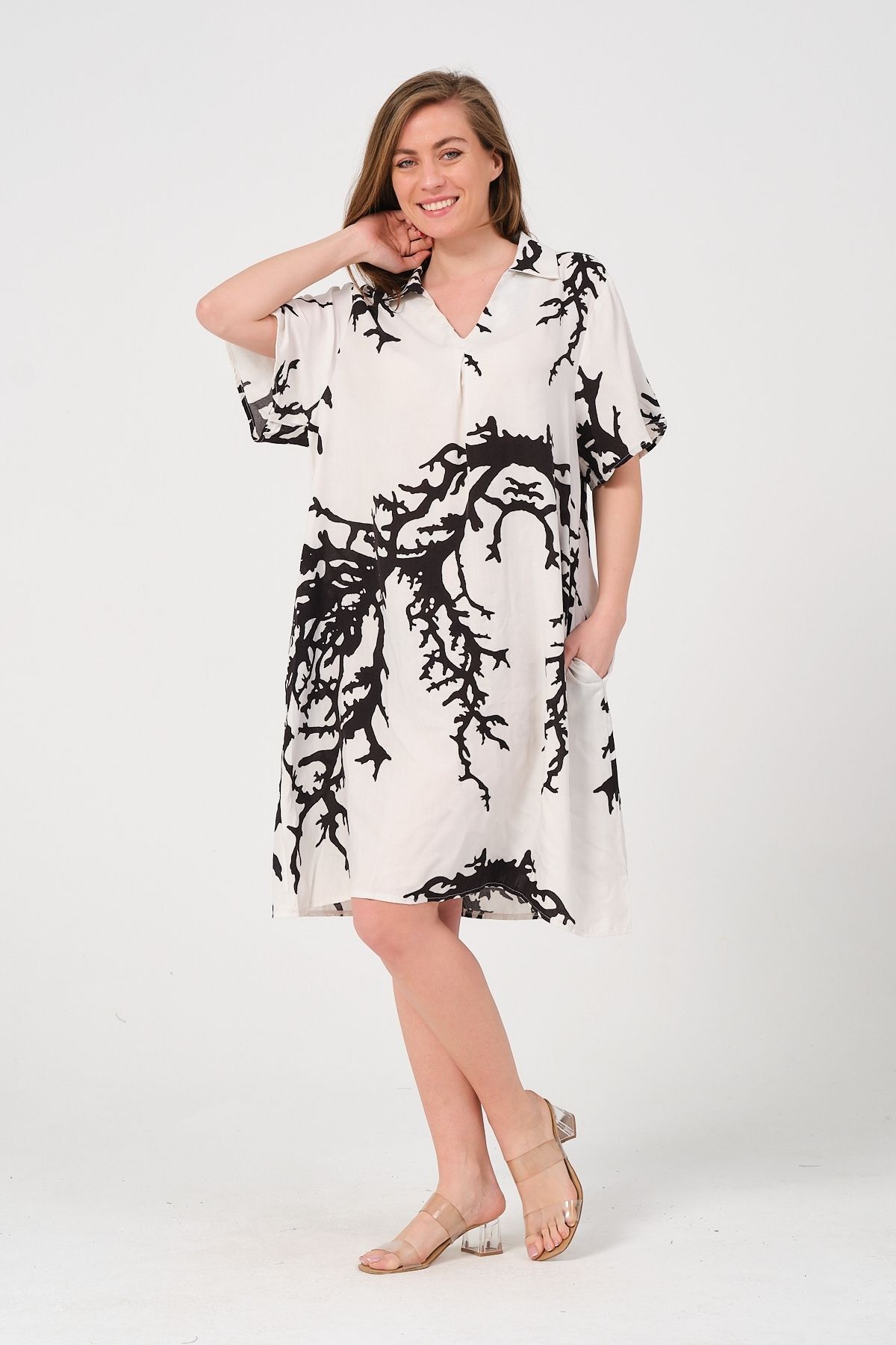 Eceyaman moda kadın beyaz siyah mercen desenli  battal büyük beden elbise