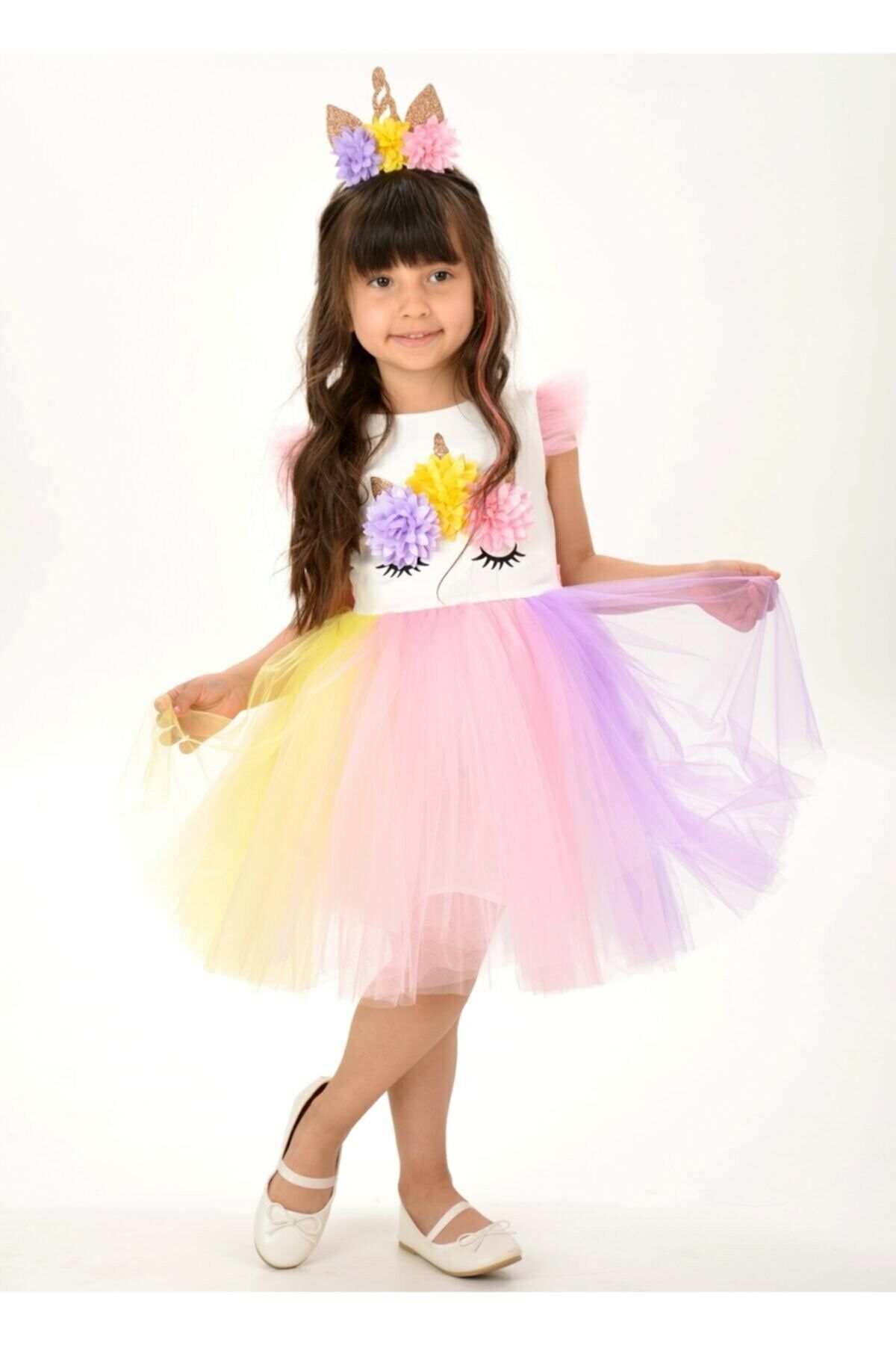 Buse&Eylül Bebe Unicorn Taçlı Rengarenk Kız Çocuk Parti Elbisesi