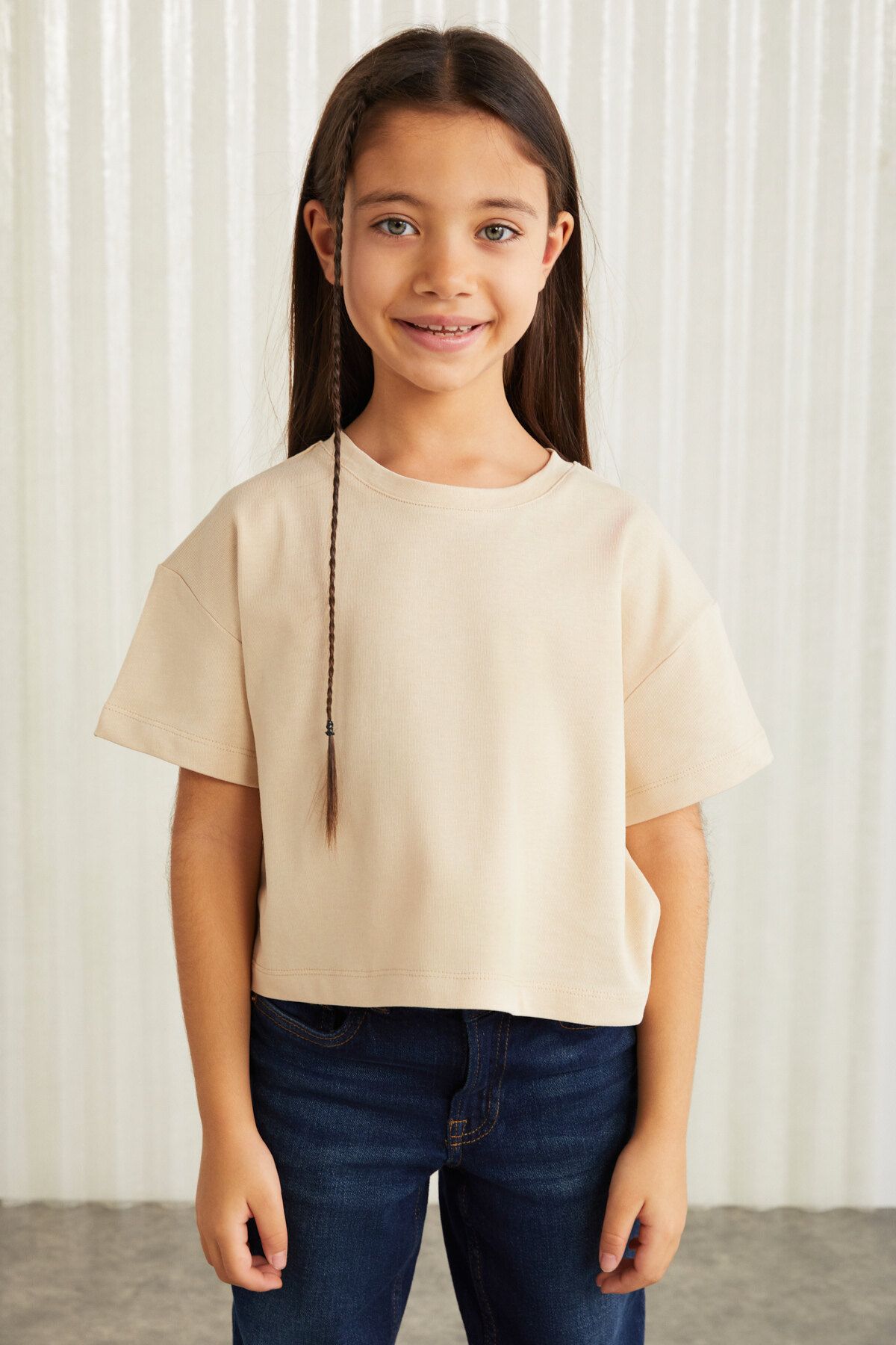 GRIMELANGE HEIDA-GRM24022- 100% pamuk süs etiletli kız çocuk kısa kollu tshirt çocuk tshirt Bej T-Shirt