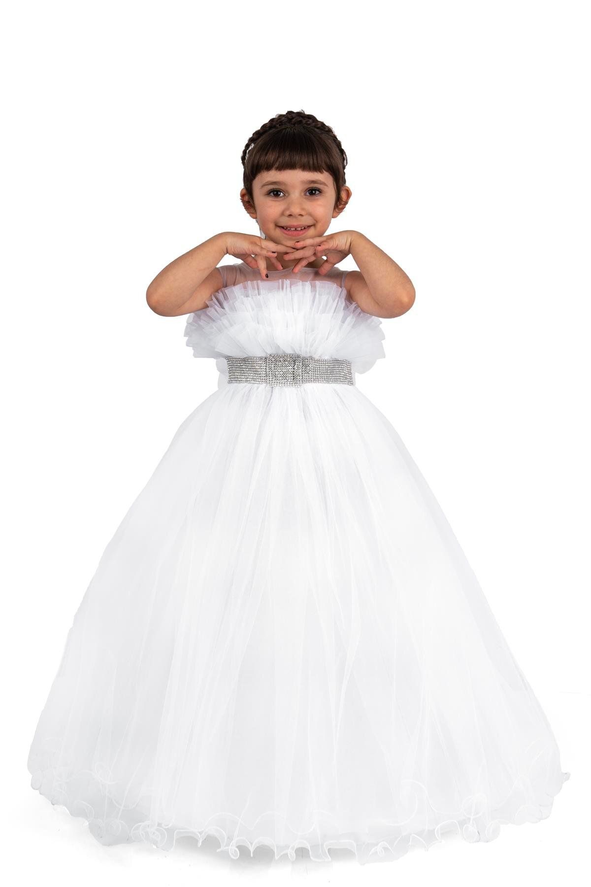 Buse&Eylül Bebe Beyaz Kemer Detaylı Kasnaklı Kız Çocuk Parti Elbisesi