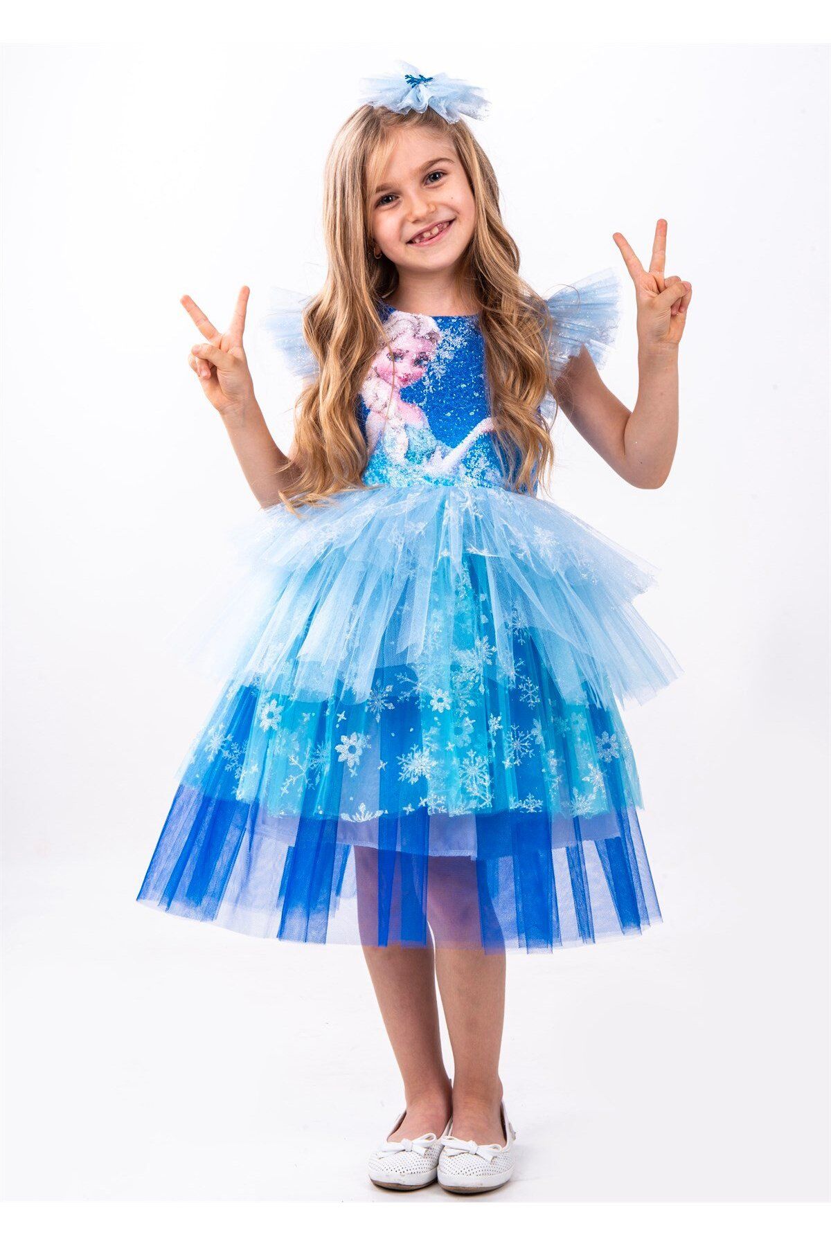 Buse&Eylül Bebe Pul Baskılı Elsa Karlar Kraliçesi Kız Çocuk Parti Elbisesi