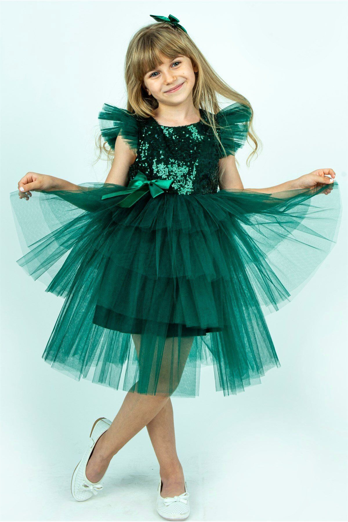 Buse&Eylül Bebe Yeşil Pullu Kız Çocuk Parti Elbisesi
