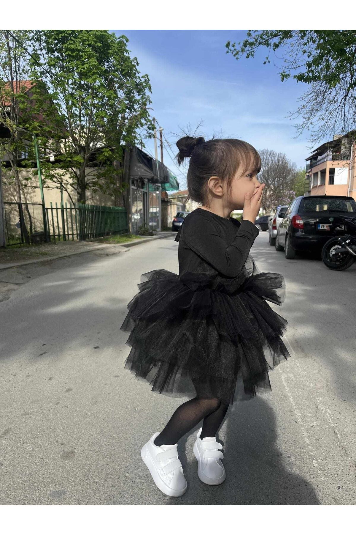 sara tasarım Uzun Kollu Siyah Sırt Detaylı Tütü Etekli Kız Çocuk Balerin Elbise