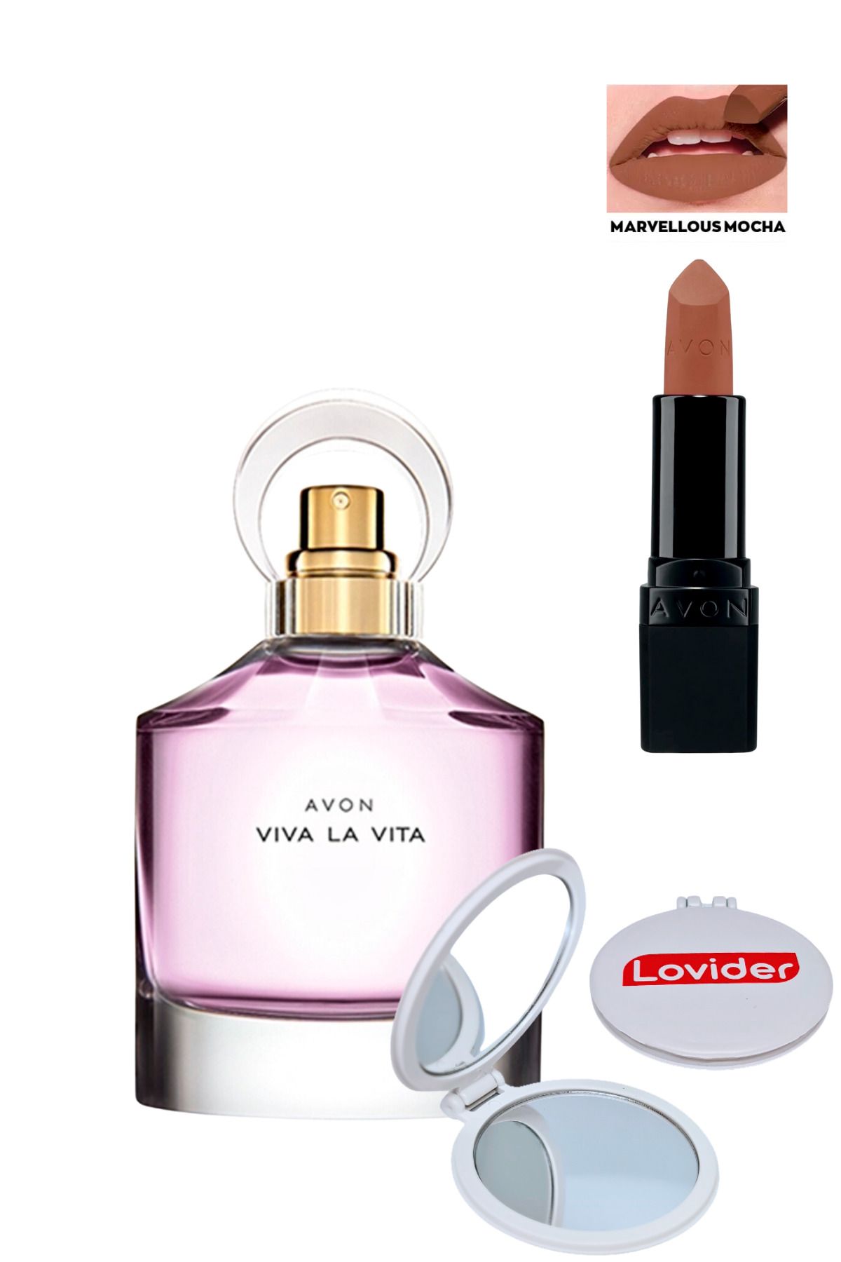 Avon Viva La Vita Kadın Parfüm EDP 50ml + Marvellous Mocha Mat Ruj + Lovider Cep Aynası