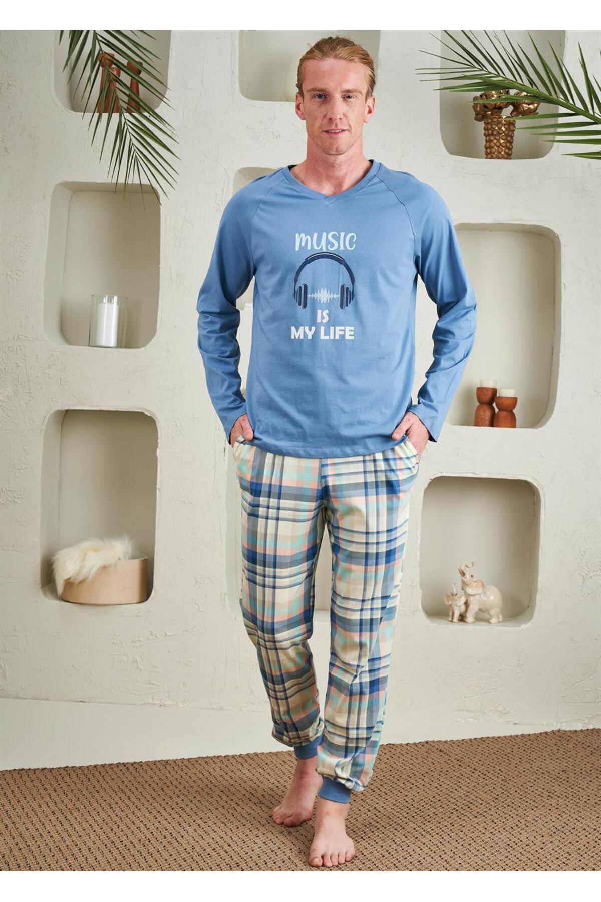 Relax Mode Erkek V Yaka Penye Pijama Takım - 10749