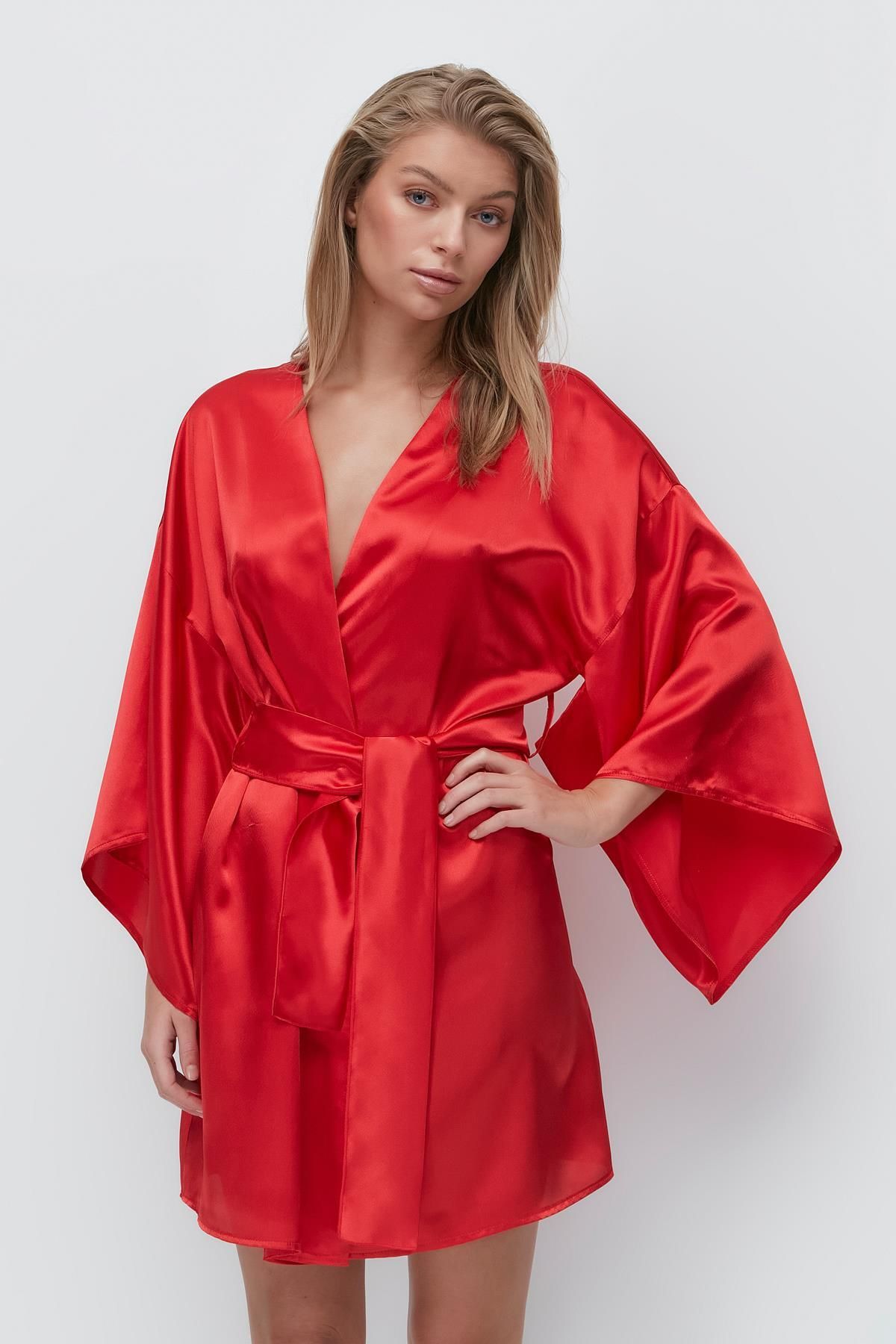 C City Kimono Uzun Kol Saten Sabahlık 094 Kırmızı