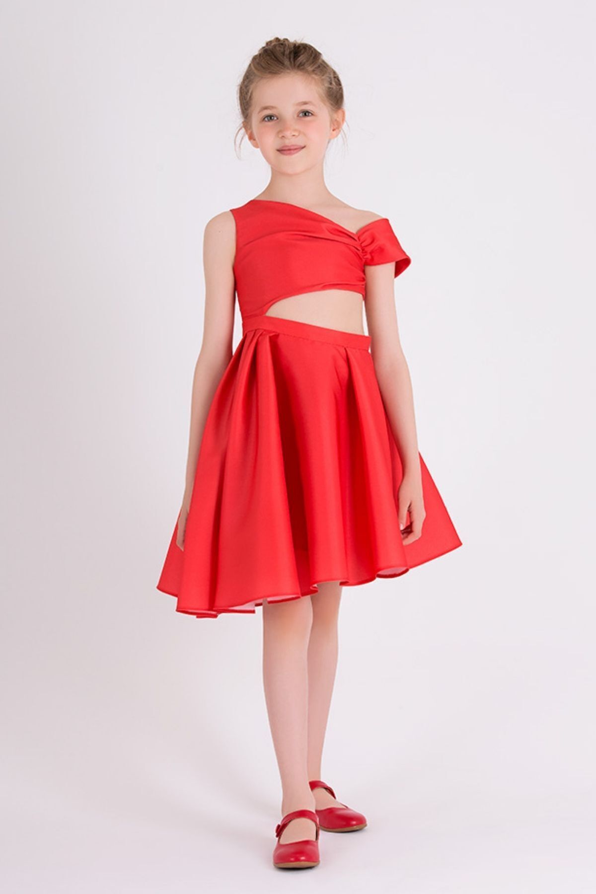 Goose Kız Çocuk Tek Omuzlu Beli Dekolteli Kırmızı Halı Elbisesi