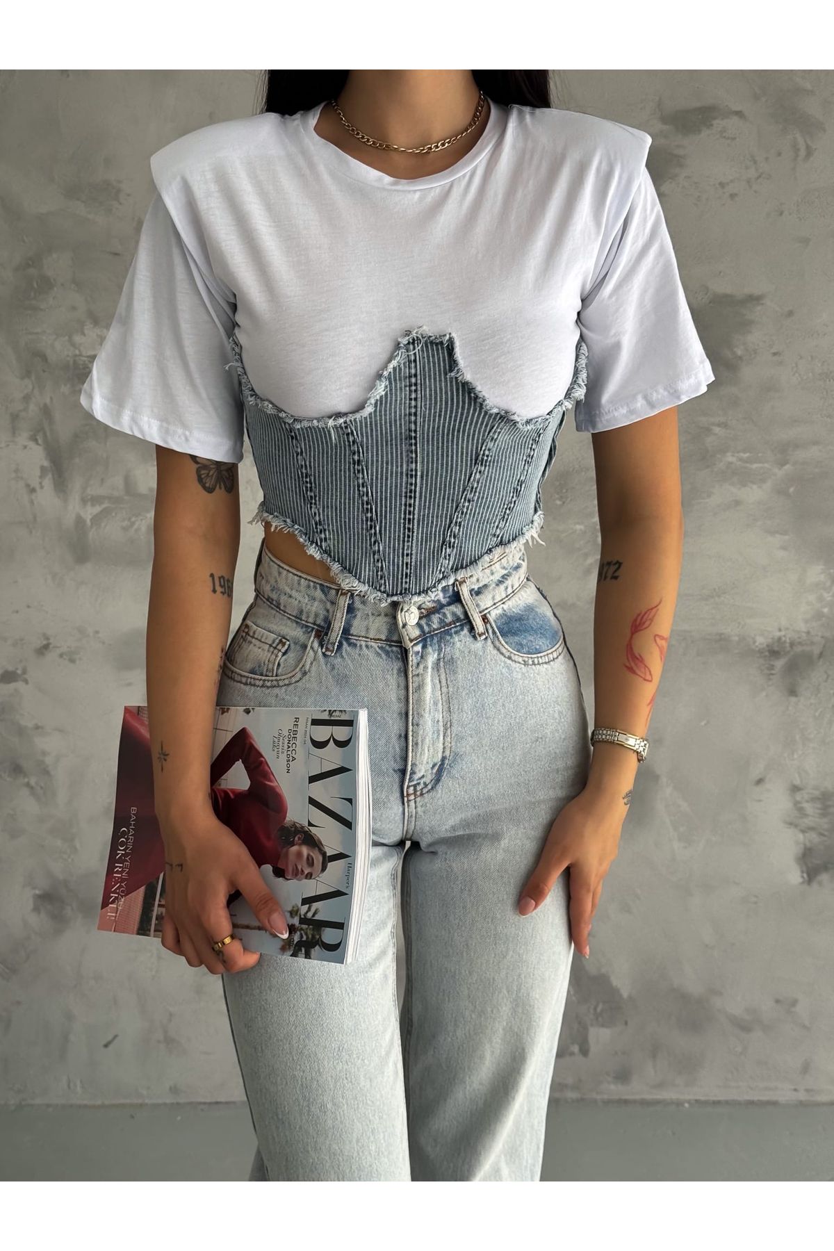 WEAR AND WEAR Kadın Çizgili Korse Detaylı Denim T-shirt Vatkalı Kot Detaylı Kısa Kollu Jean Tişört