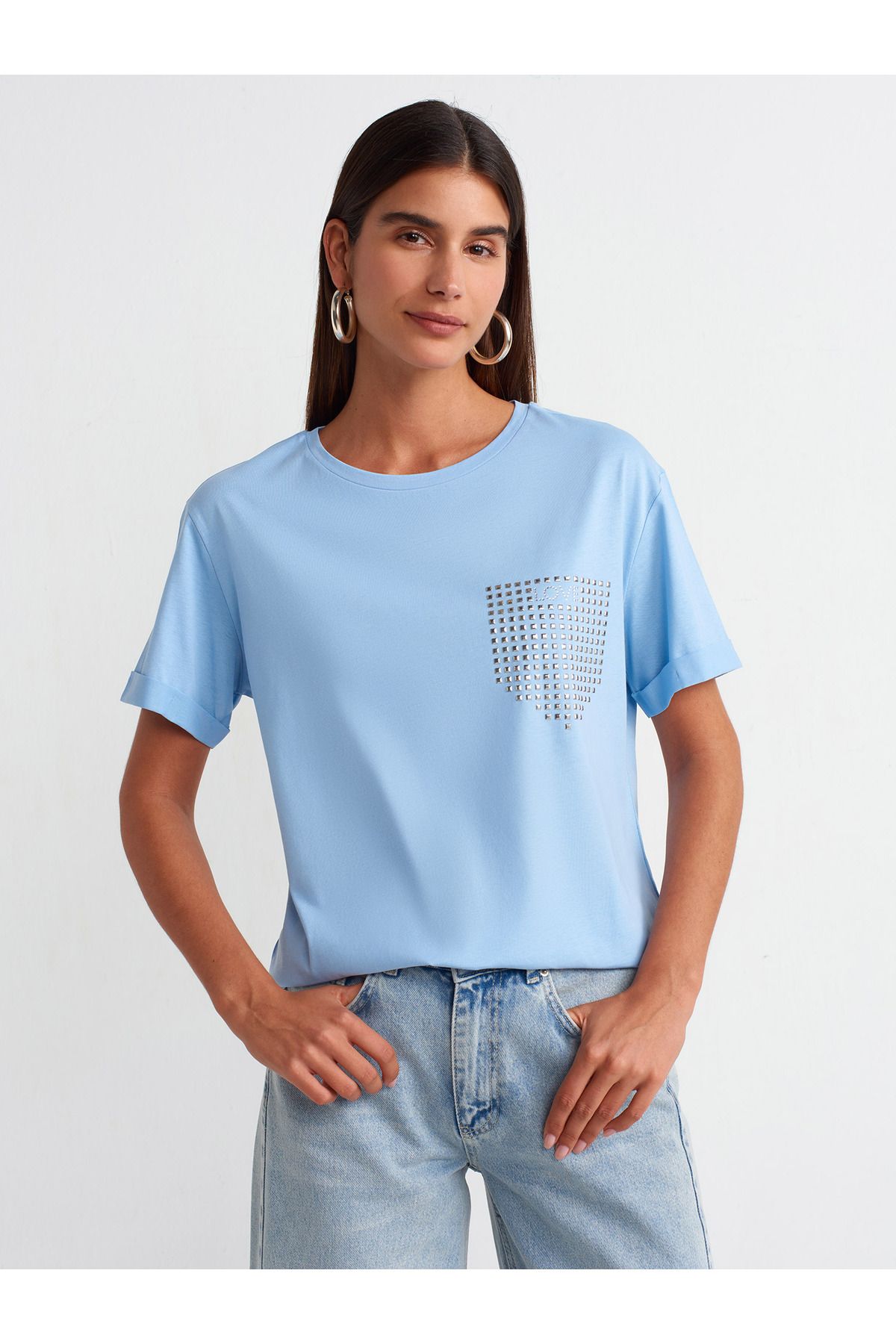 Dilvin 30828 Taşlı T-shirt-Mavi