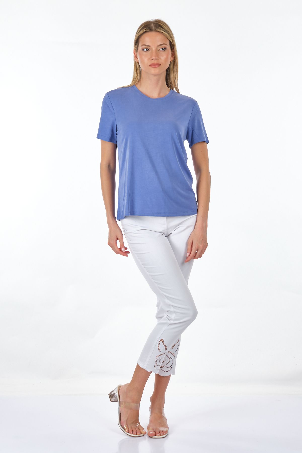 Only Sıfır Yaka Basic Mavi Kadın T-shirt 15290959